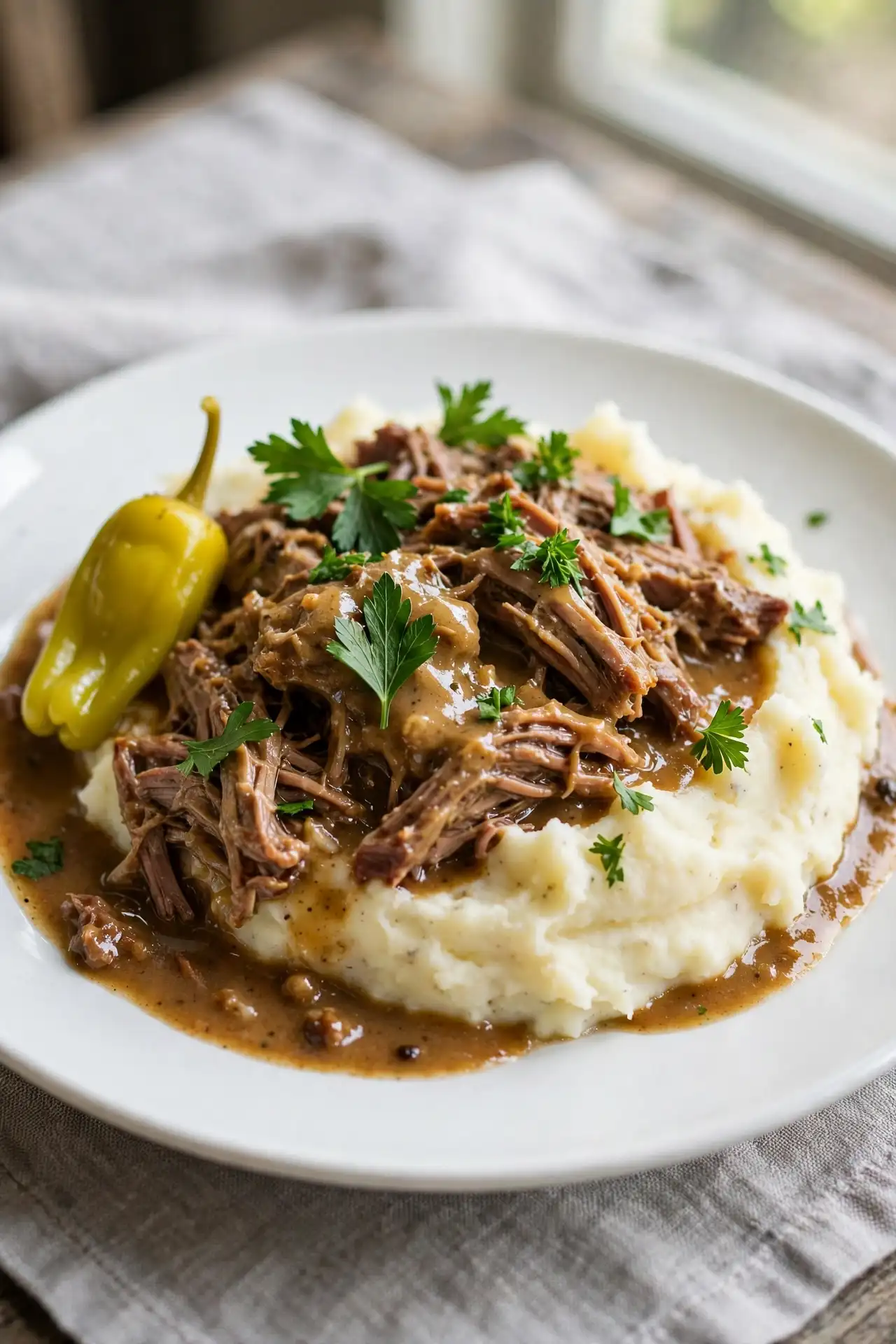 Mississippi pot roast served over mashed potatoes with buttery gravy on a white plate — mississippi pot roast