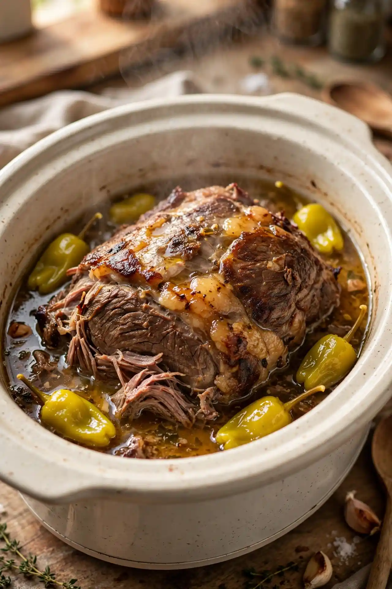 Fully cooked chuck roast in slow cooker with golden buttery braising liquid — midpoint step in making mississippi pot roast