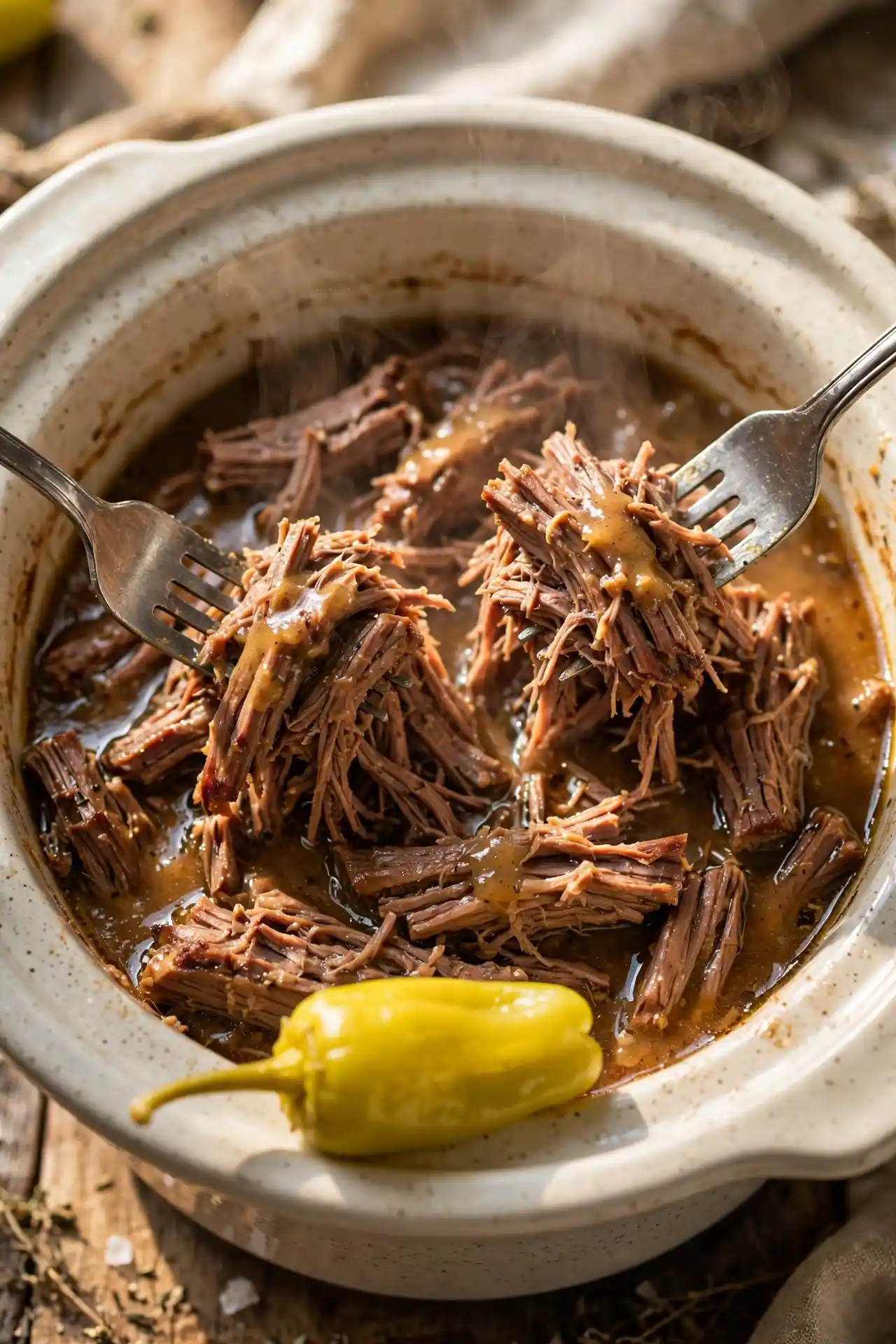 Shredding tender beef with two forks in a slow cooker — final step in making mississippi pot roast