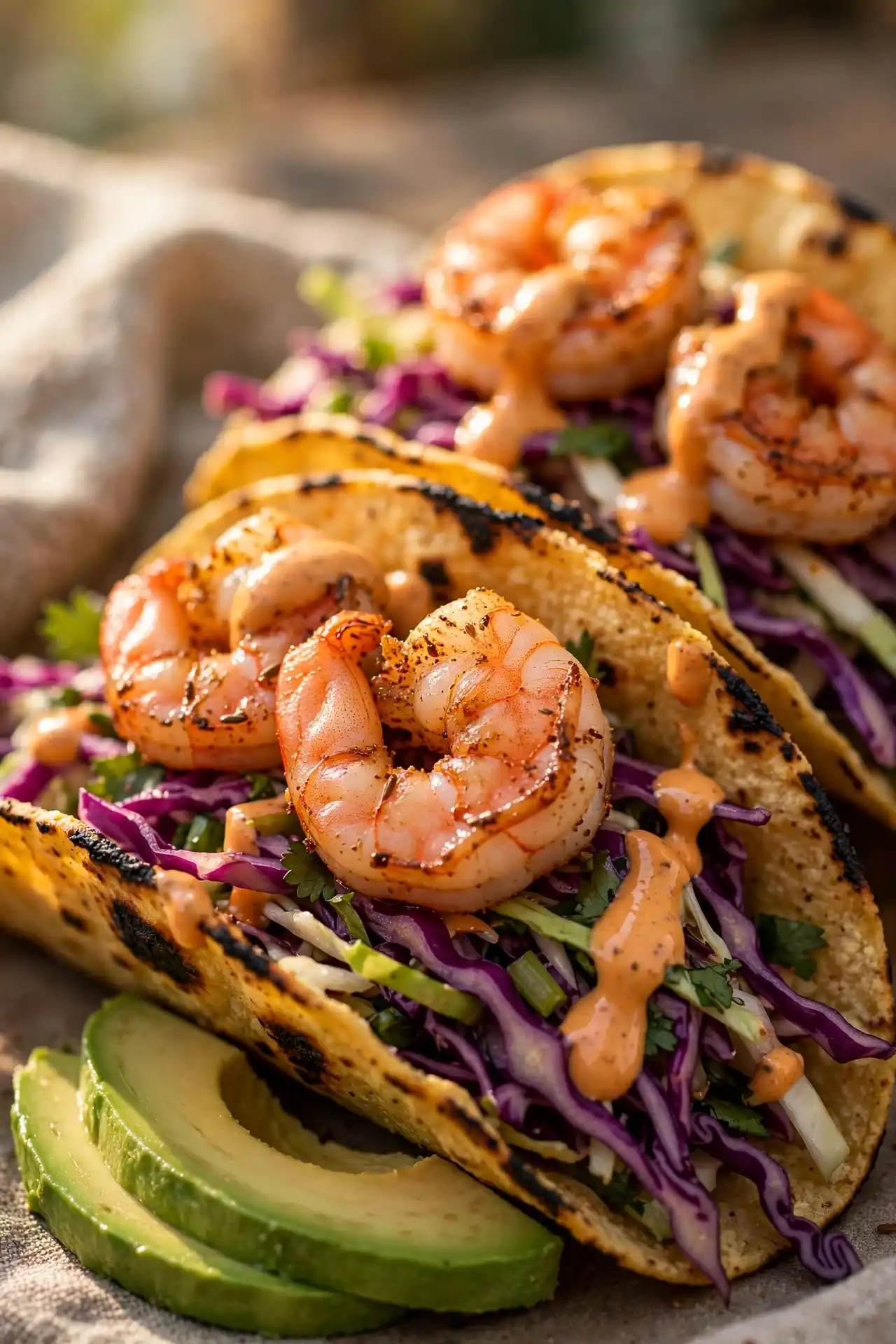 Close-up of shrimp tacos showing seared shrimp with spice crust and chipotle crema drizzle — shrimp tacos