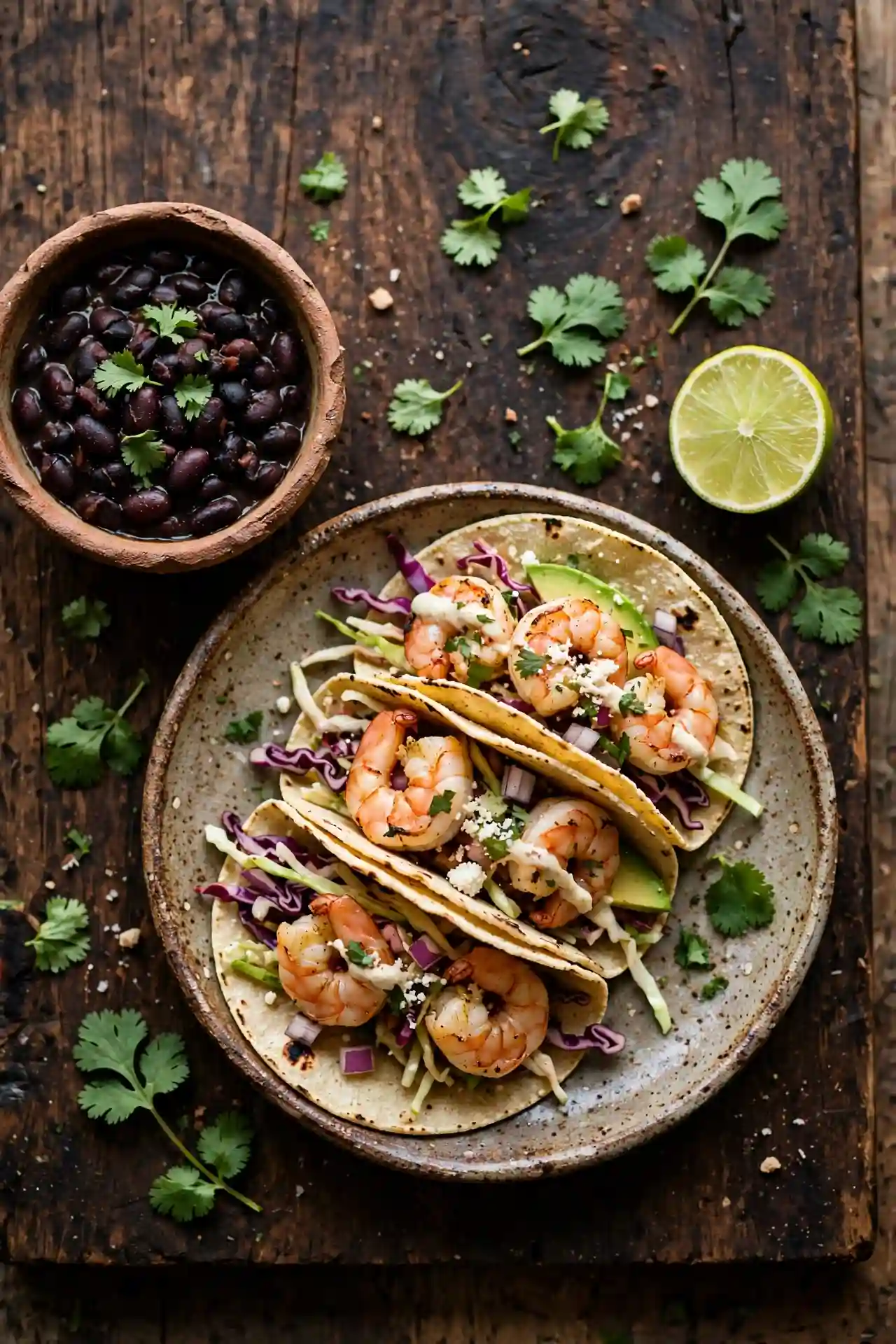 Shrimp tacos on a ceramic plate served with black beans and lime on a wood board, ready to eat — shrimp tacos