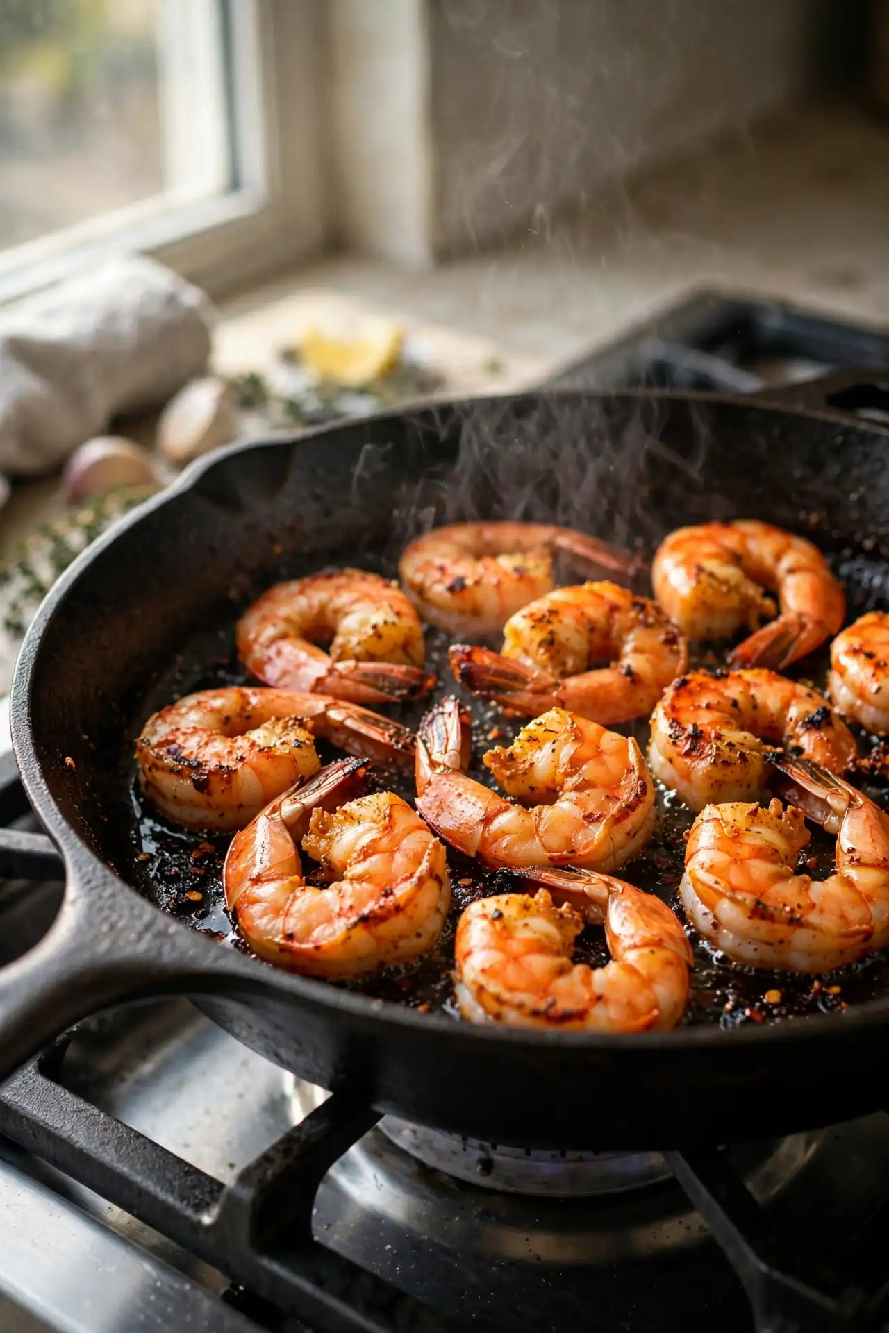 Shrimp searing in a cast iron skillet with spice crust forming — key cooking step for shrimp tacos