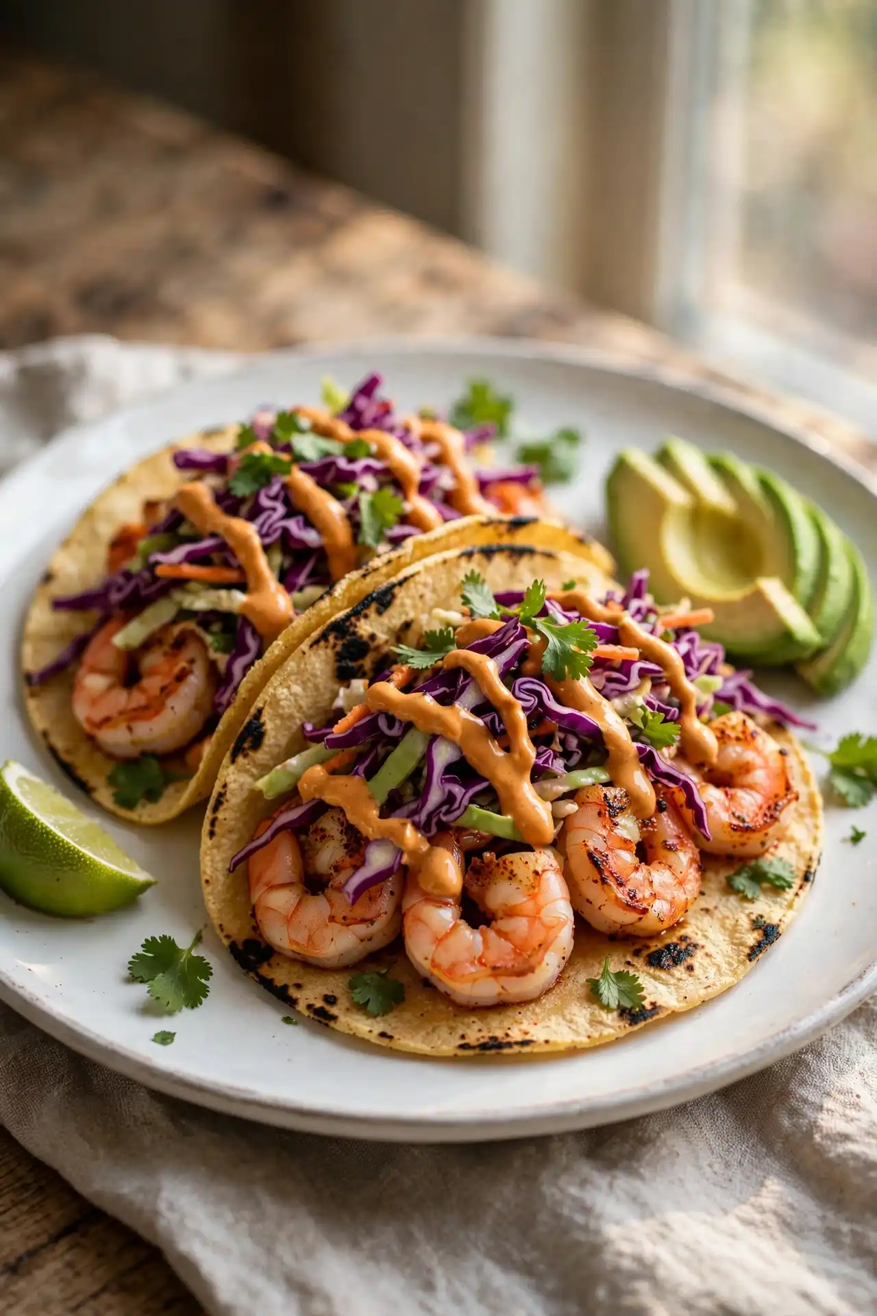 Fully assembled shrimp tacos plated on white ceramic, ready to serve — shrimp tacos