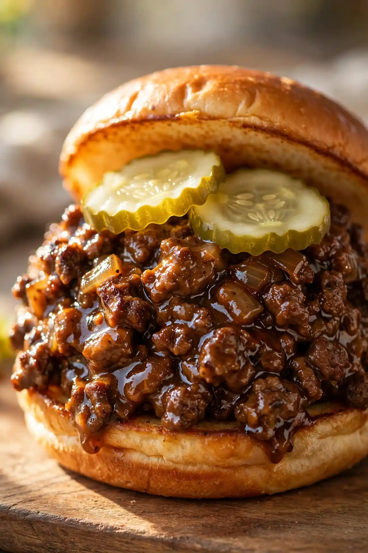 Close-up of sloppy joe showing glossy thick beef filling on a toasted bun with pickle slices — sloppy joe recipe