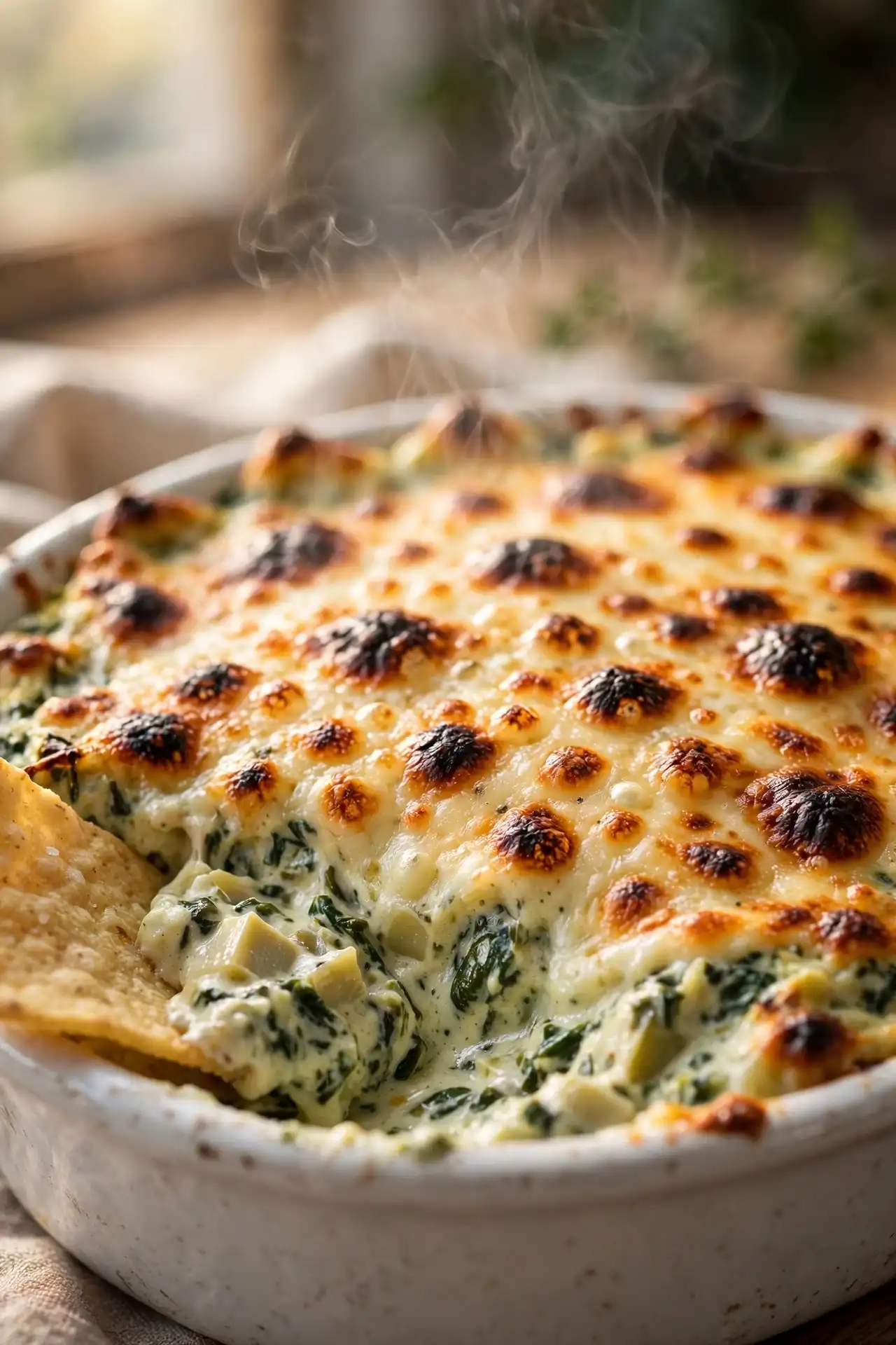 Close-up of baked spinach artichoke dip showing golden bubbling cheese top with green spinach and artichoke visible below — spinach artichoke dip