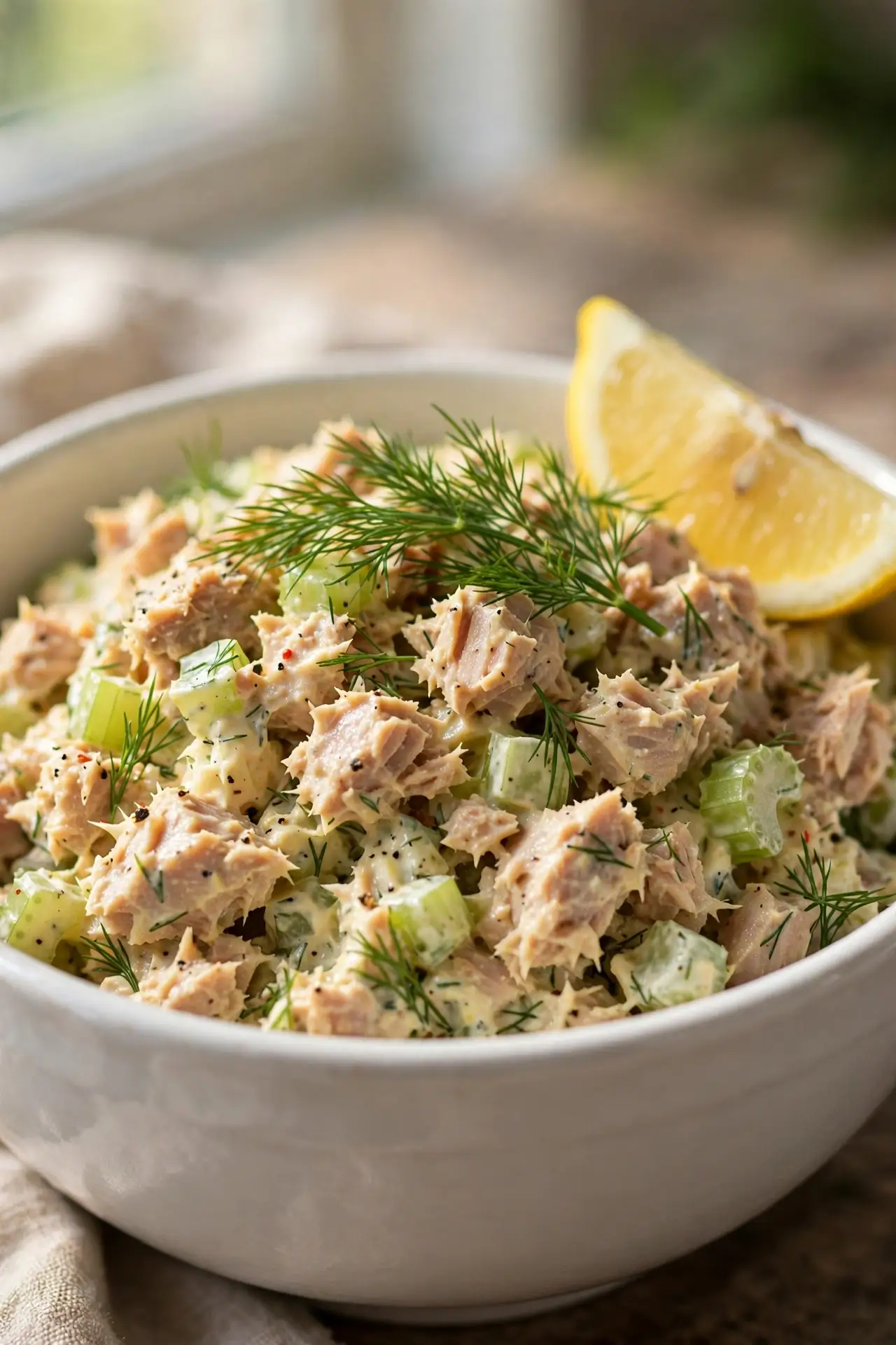 Close-up of classic tuna salad showing creamy texture, flaked fish, celery, and fresh dill — tuna salad recipe