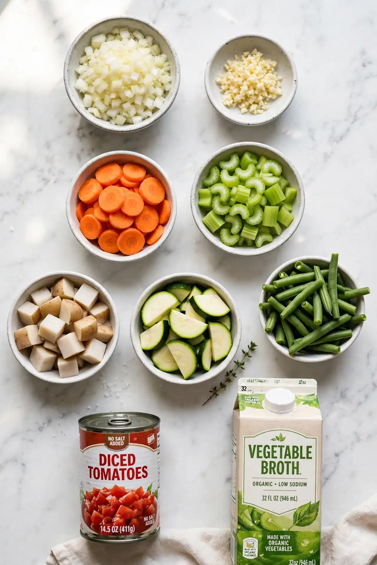 All ingredients for vegetable soup laid out flat on white marble, including carrots, potatoes, zucchini, and broth — vegetable soup ingredients