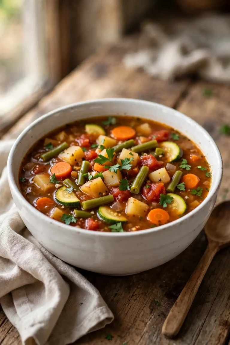 Vegetable soup served in a white ceramic bowl on a wooden table, garnished with fresh parsley, natural light — vegetable soup recipe