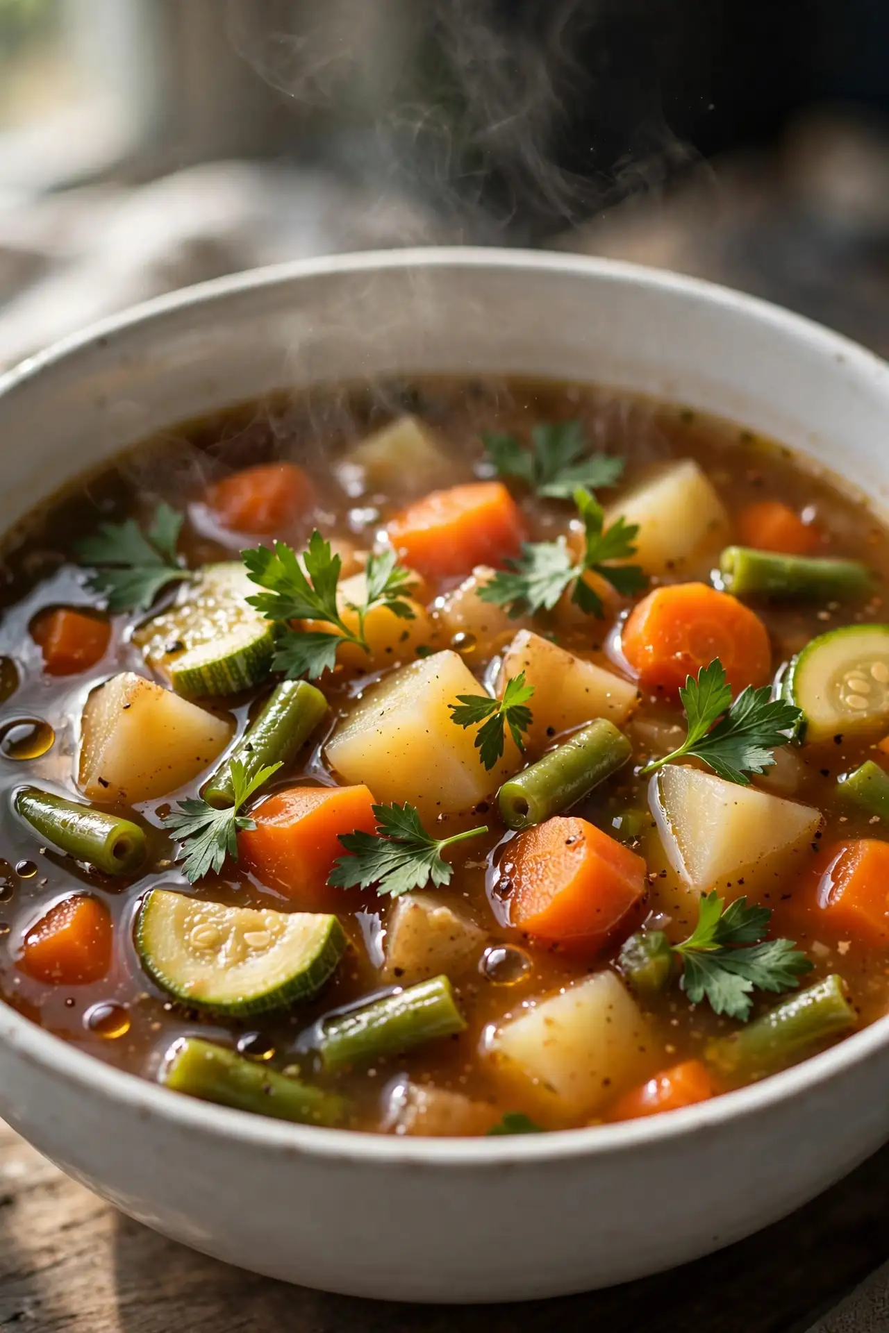 Close-up of vegetable soup showing chunky vegetables in amber broth with fresh parsley — vegetable soup recipe