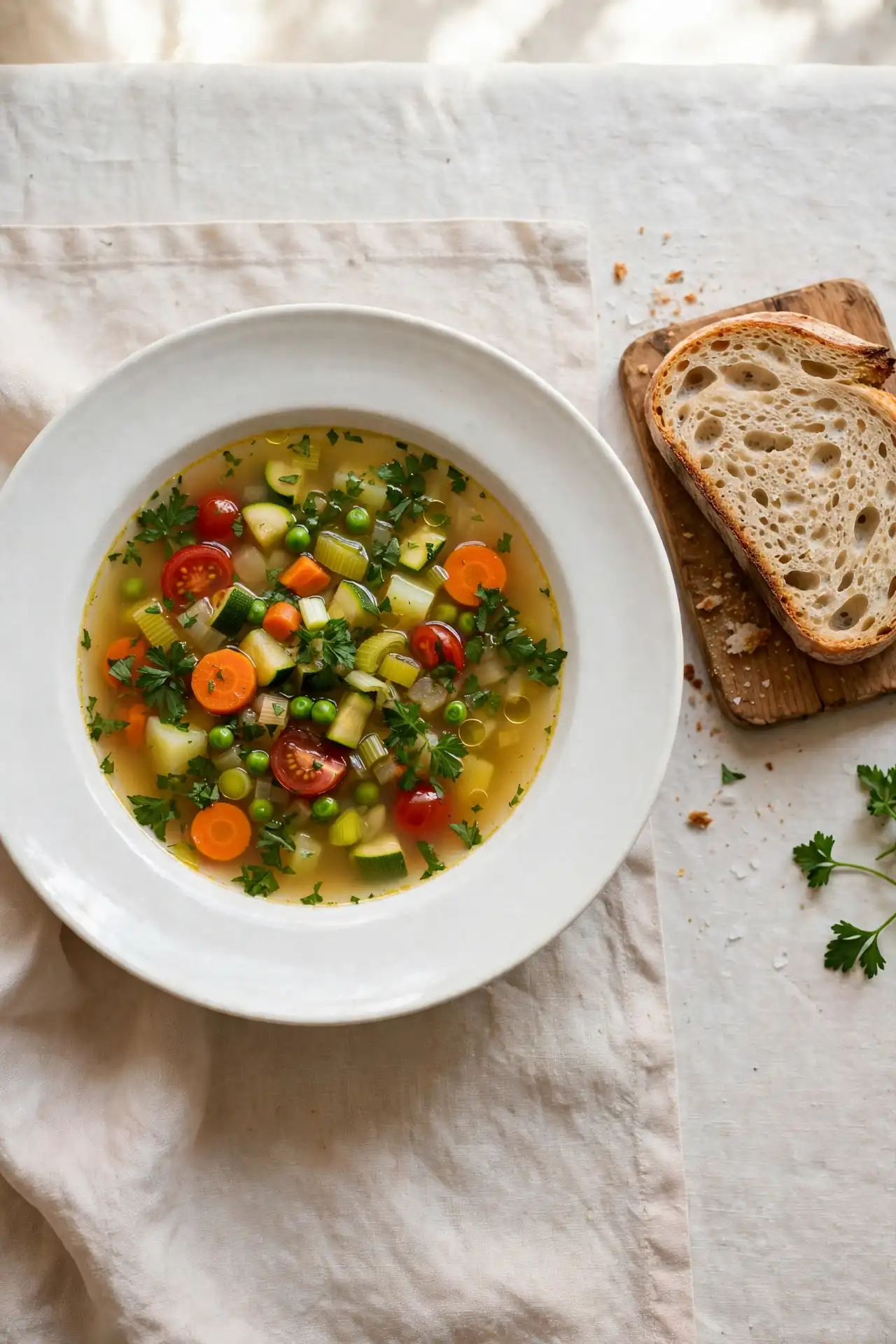 Vegetable soup in a white bowl served with a slice of crusty bread on a wooden board, ready to serve — vegetable soup recipe