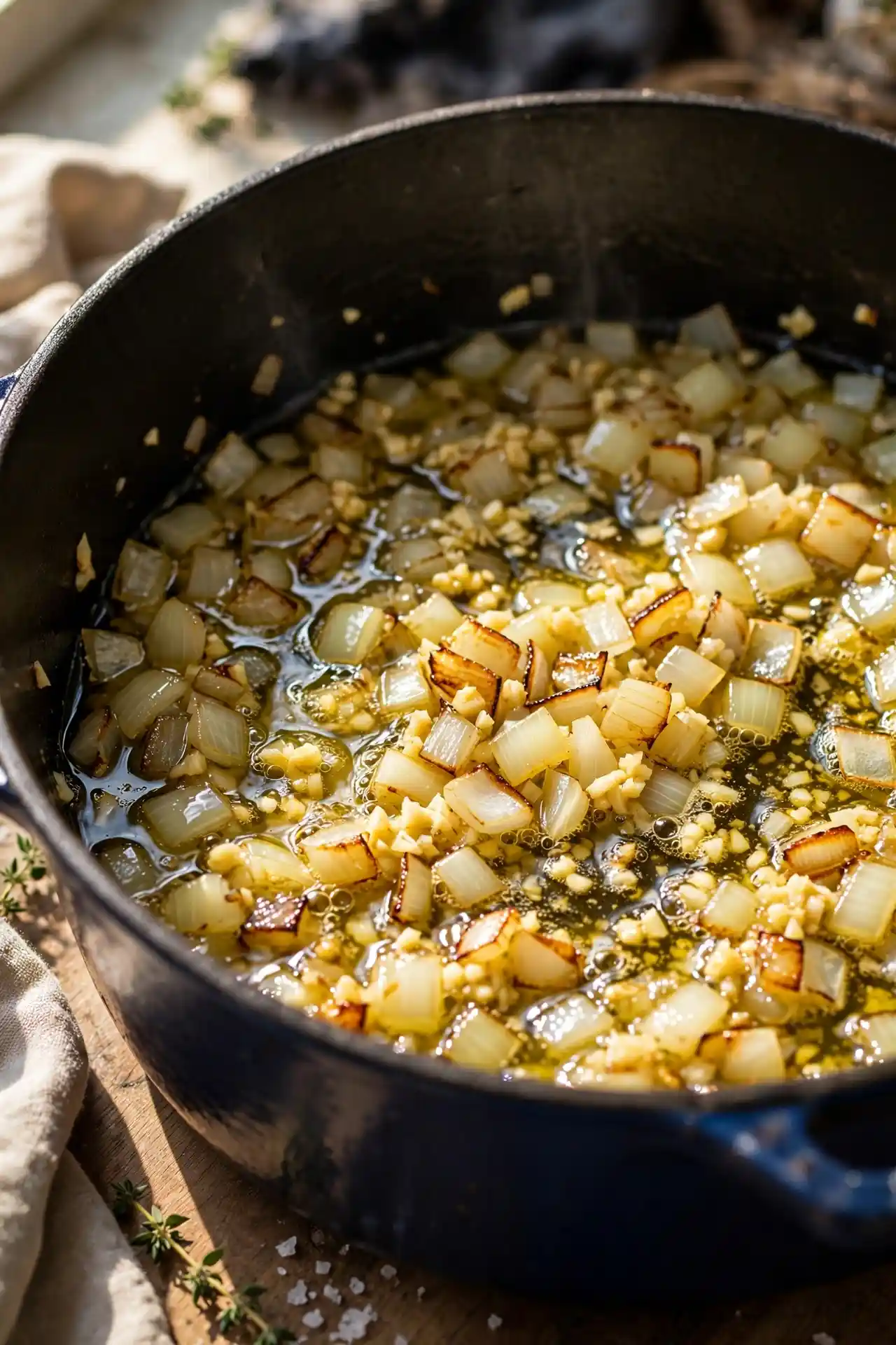 Onion and garlic sautéing in olive oil in a Dutch oven — early step in making vegetable soup recipe