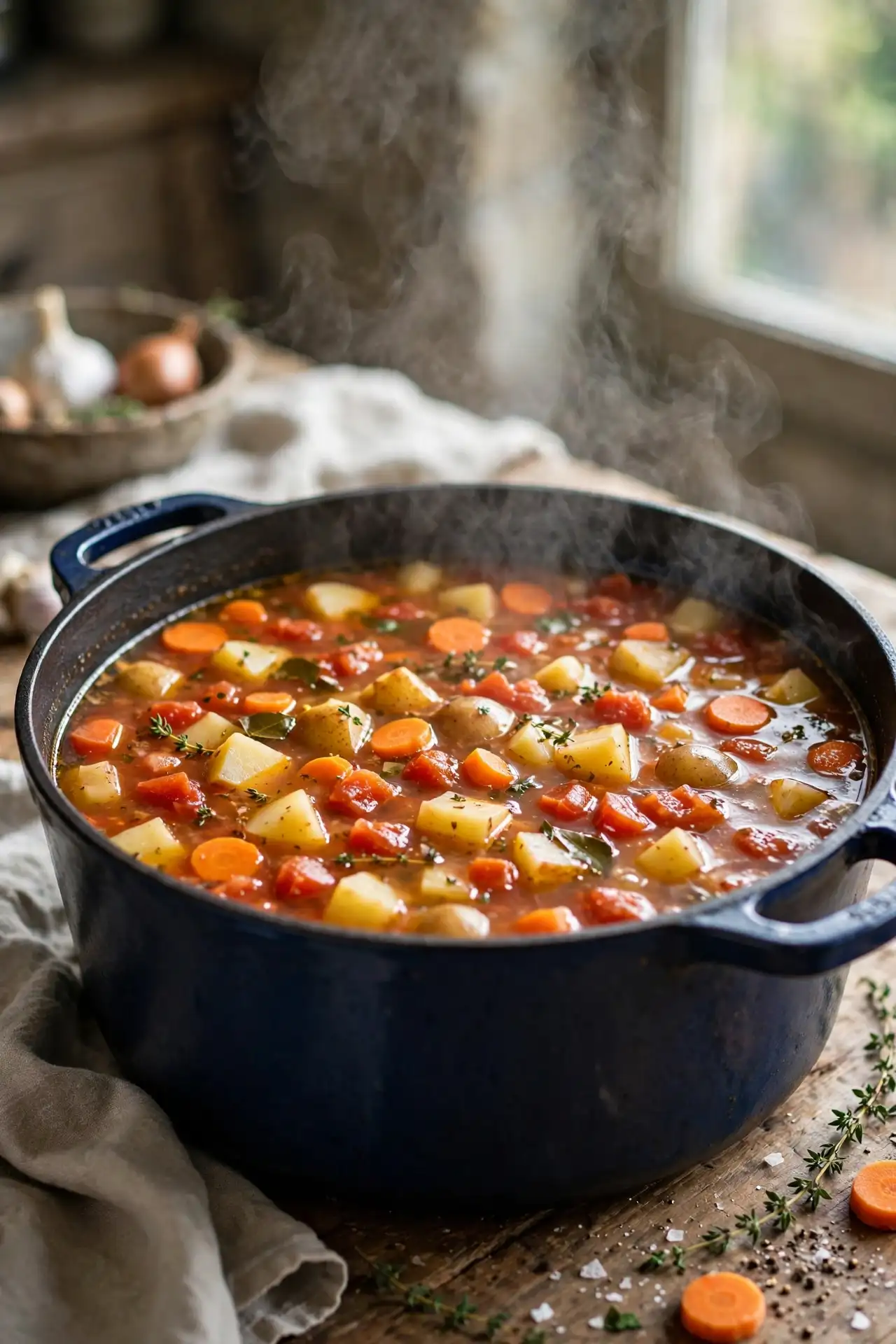 Vegetable soup simmering in a large pot with potatoes and tomatoes — midpoint step in vegetable soup recipe