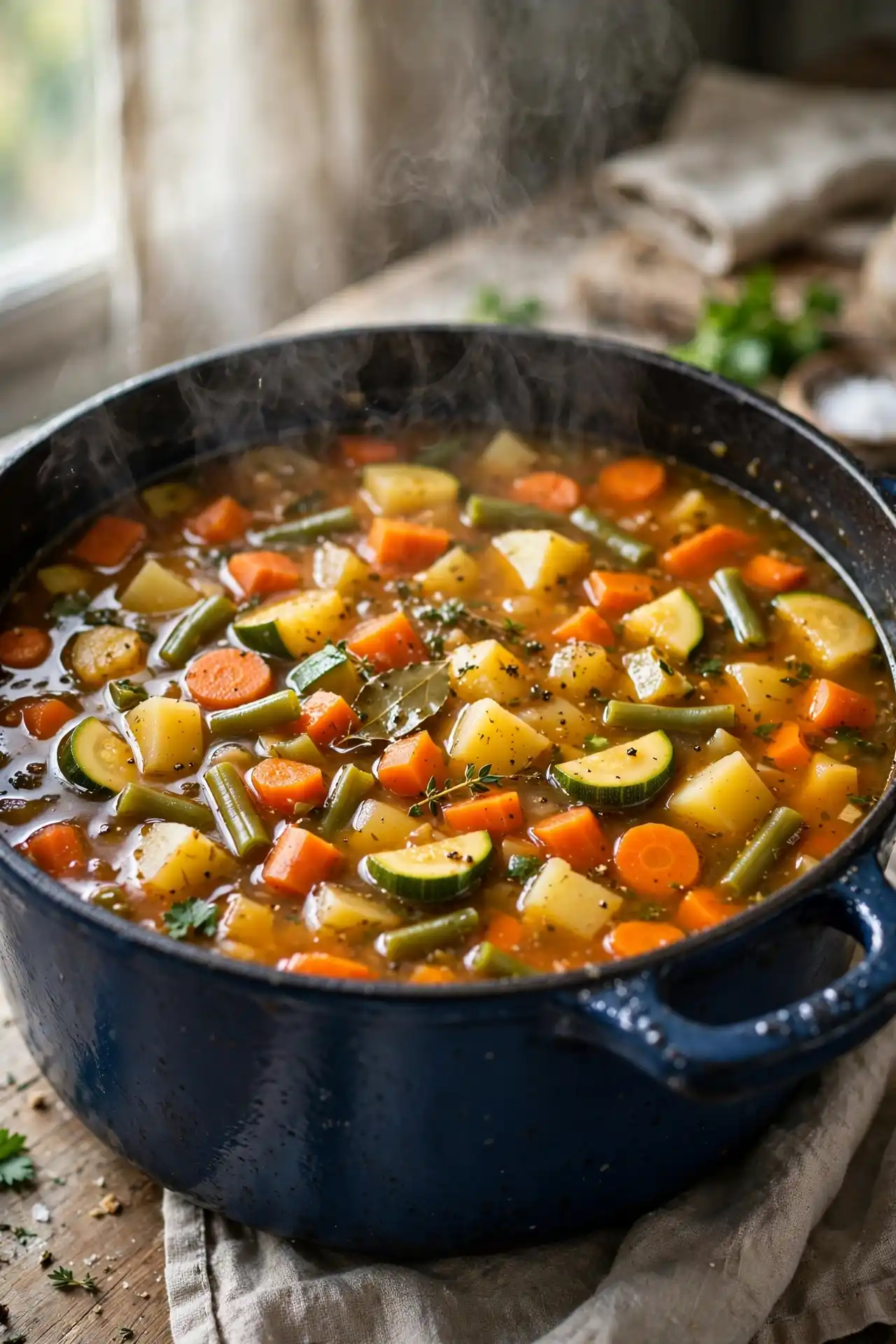 Finished vegetable soup in a Dutch oven with chunky vegetables, ready to ladle — final step in vegetable soup recipe