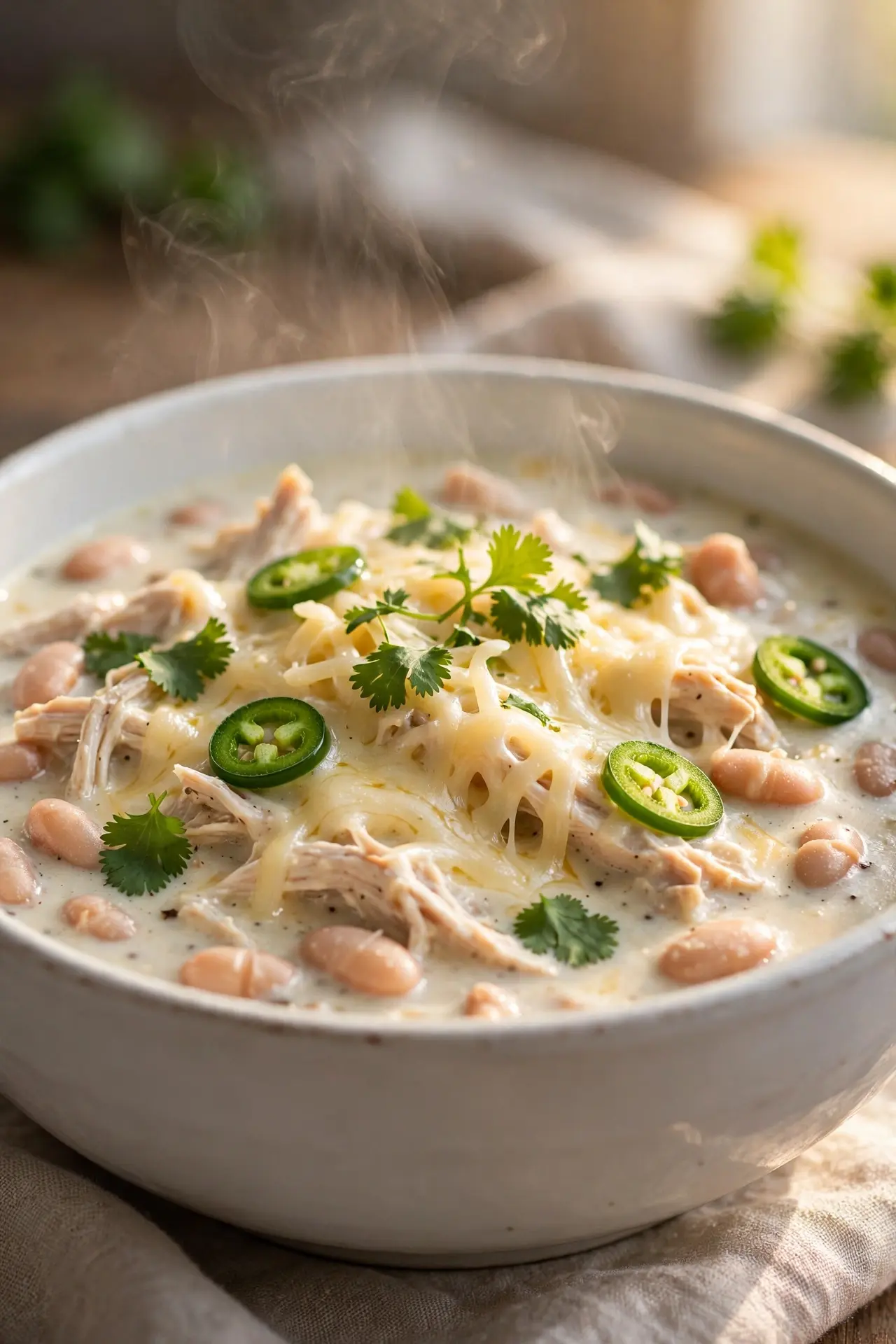 Close-up of white chicken chili showing shredded chicken, white beans, and creamy broth with cilantro and jalapeño garnish — white chicken chili recipe card