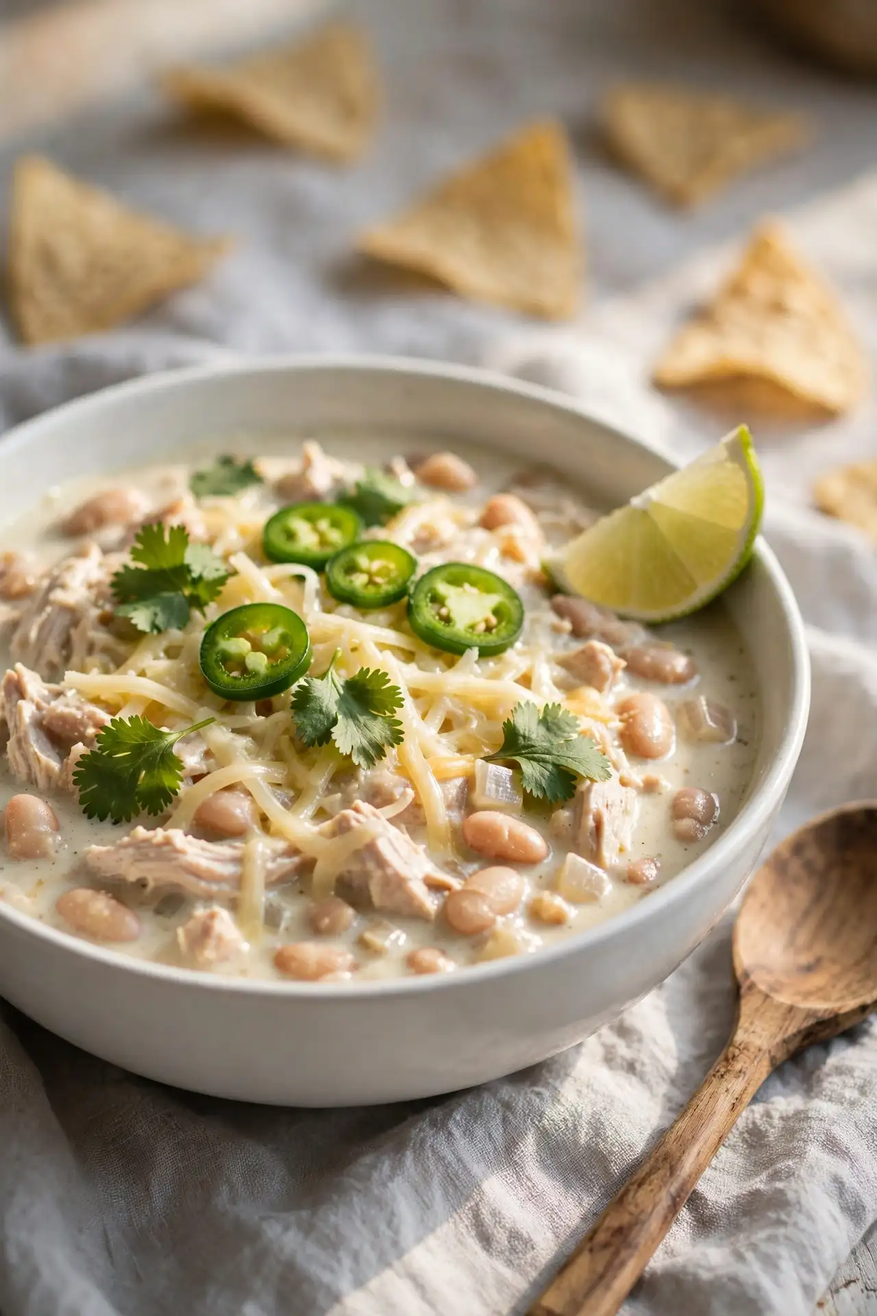 White chicken chili in a white ceramic bowl garnished with cilantro, jalapeño, and shredded cheese on a grey linen cloth — white chicken chili recipe