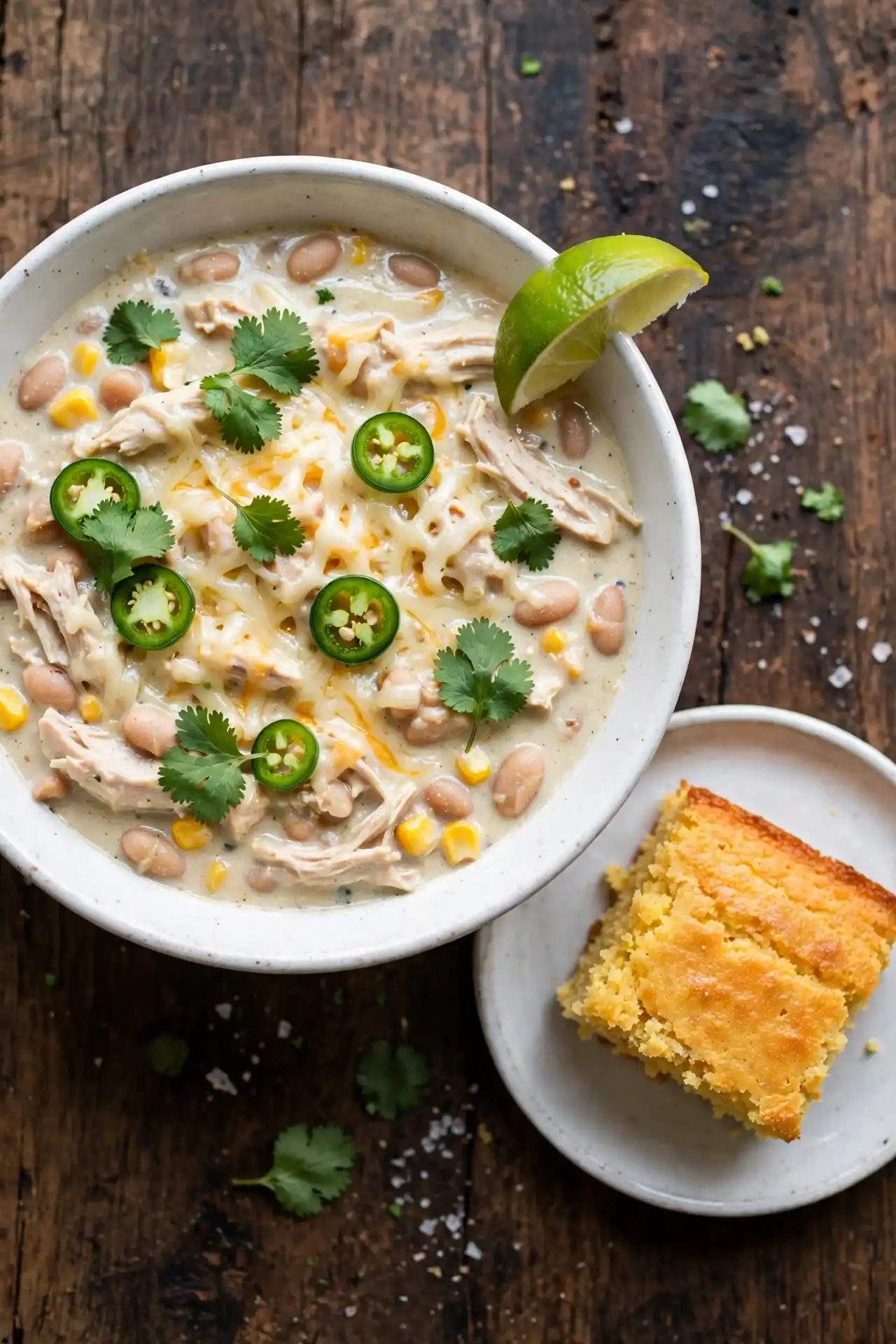 White chicken chili in a bowl with melted cheese and cilantro, served alongside golden cornbread — white chicken chili plating