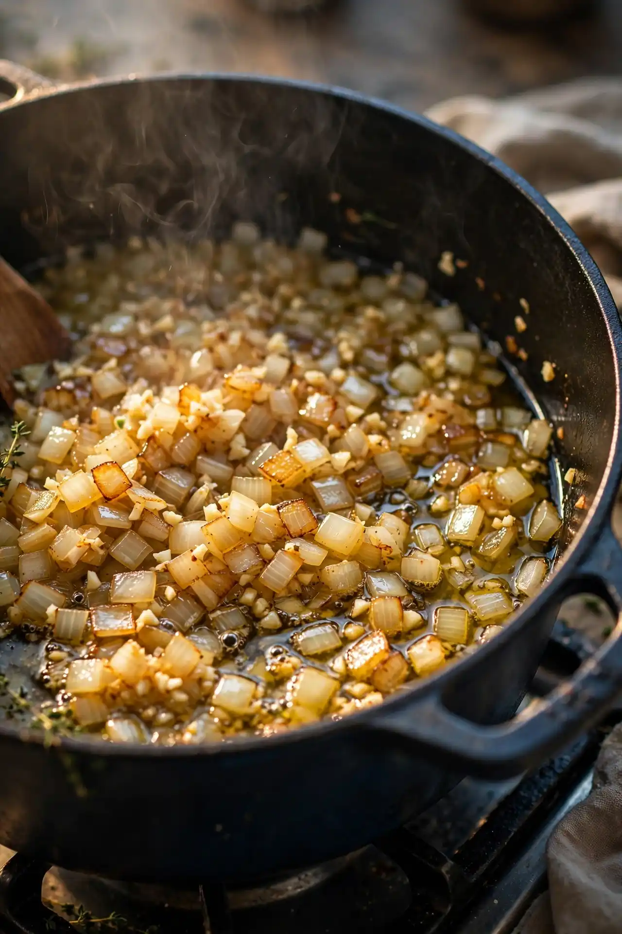 Onion and garlic cooking in olive oil in a Dutch oven — early step in making white chicken chili