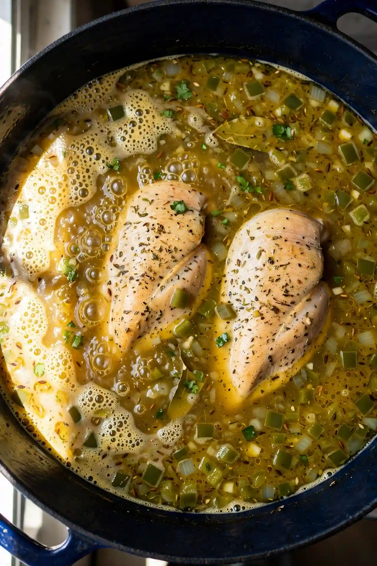 Chicken breasts simmering in seasoned broth with green chiles in a Dutch oven — mid-step in making white chicken chili