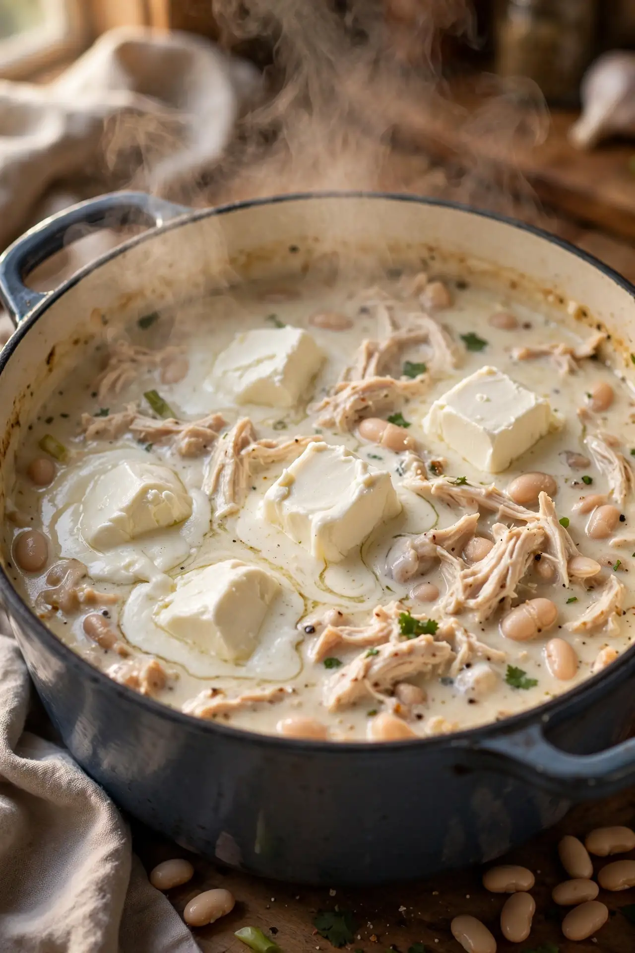 Cream cheese melting into a pot of white chicken chili, broth turning thick and creamy — final cooking step