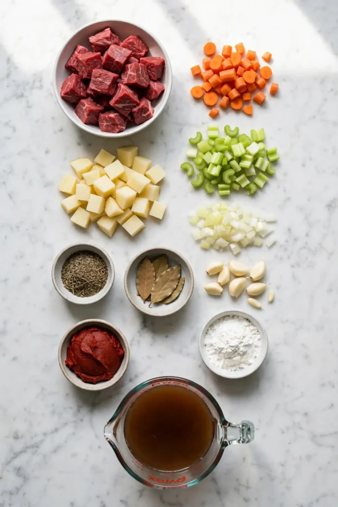 All ingredients for beef stew laid out flat on white marble including beef chuck, vegetables, and broth — beef stew ingredients