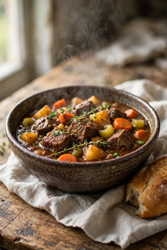 Beef stew served in a rustic deep bowl with carrots, potatoes, and chunky beef in a thick dark broth, garnished with fresh thyme — beef stew recipe