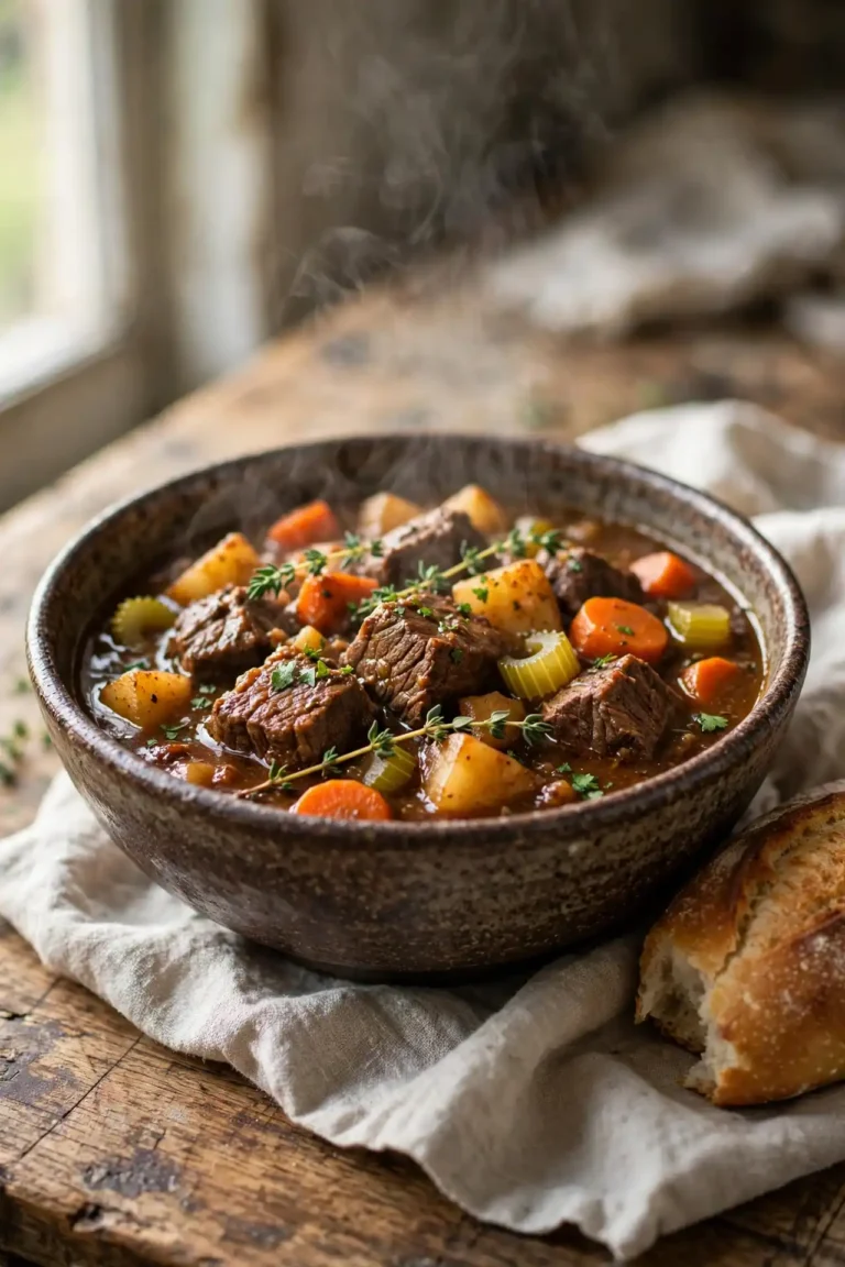 Beef stew served in a rustic deep bowl with carrots, potatoes, and chunky beef in a thick dark broth, garnished with fresh thyme — beef stew recipe