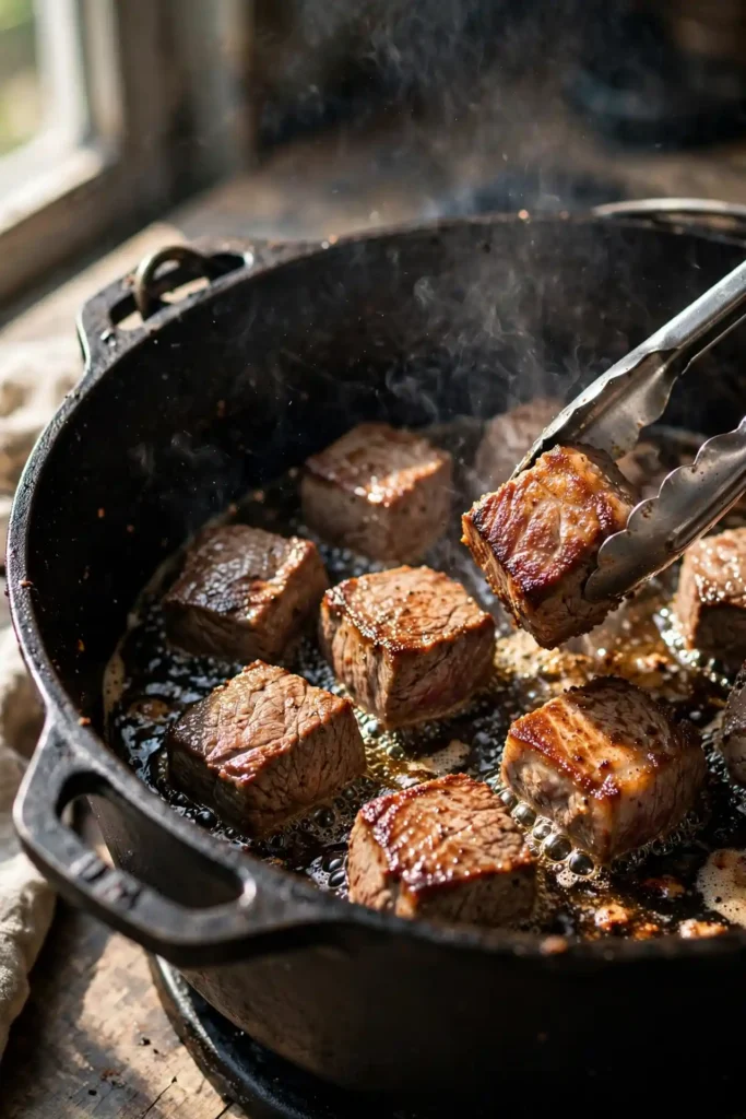 Beef chunks browning in a Dutch oven with a deep caramelized crust — step in making beef stew