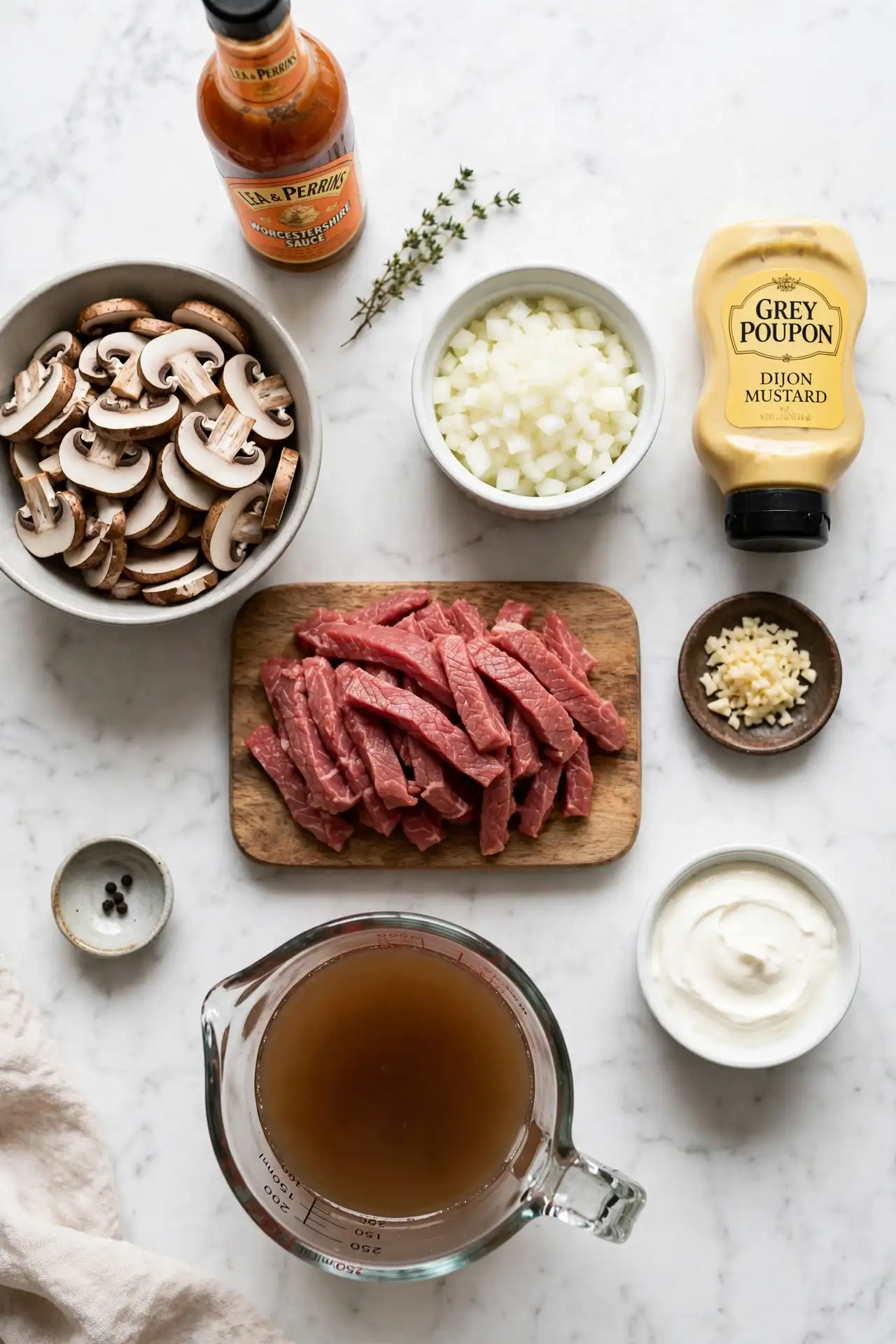 All ingredients for beef stroganoff laid out flat on white marble