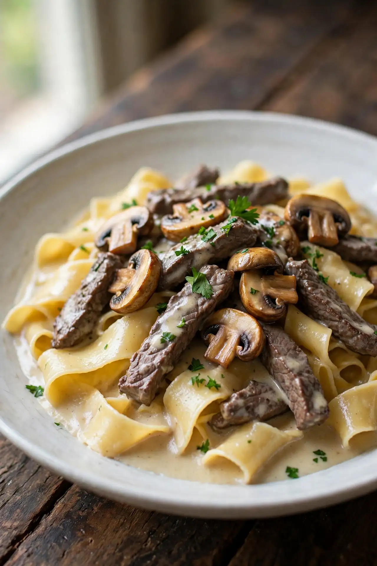 Beef stroganoff served over egg noodles in a white bowl, garnished with parsley on a wooden table