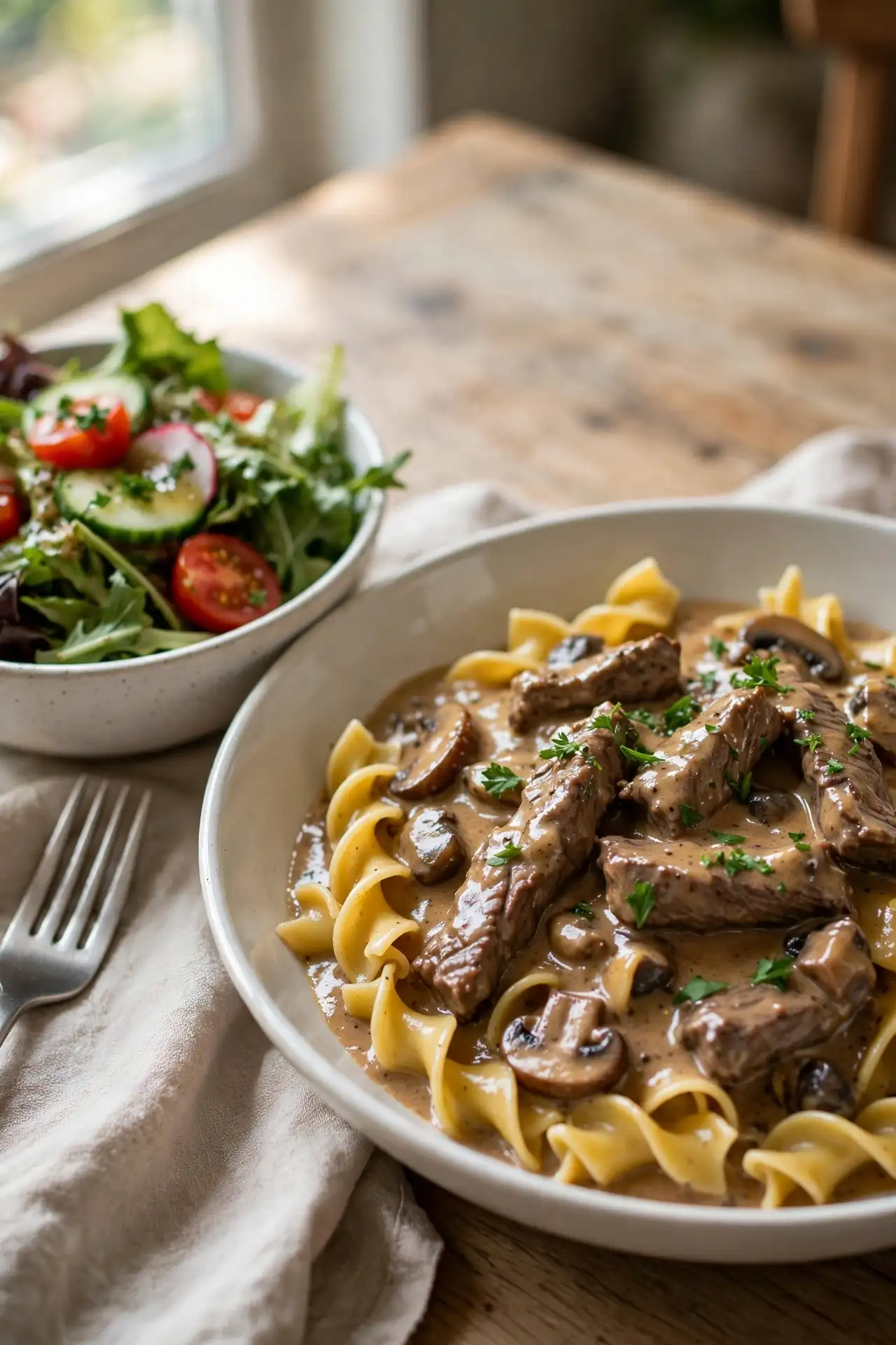 Beef stroganoff over egg noodles with a green salad on the side, ready to serve