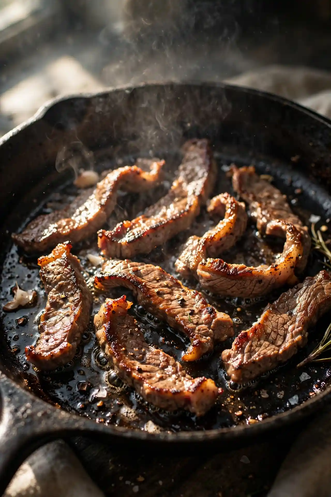 Beef strips searing in a hot cast iron skillet with a golden-brown crust