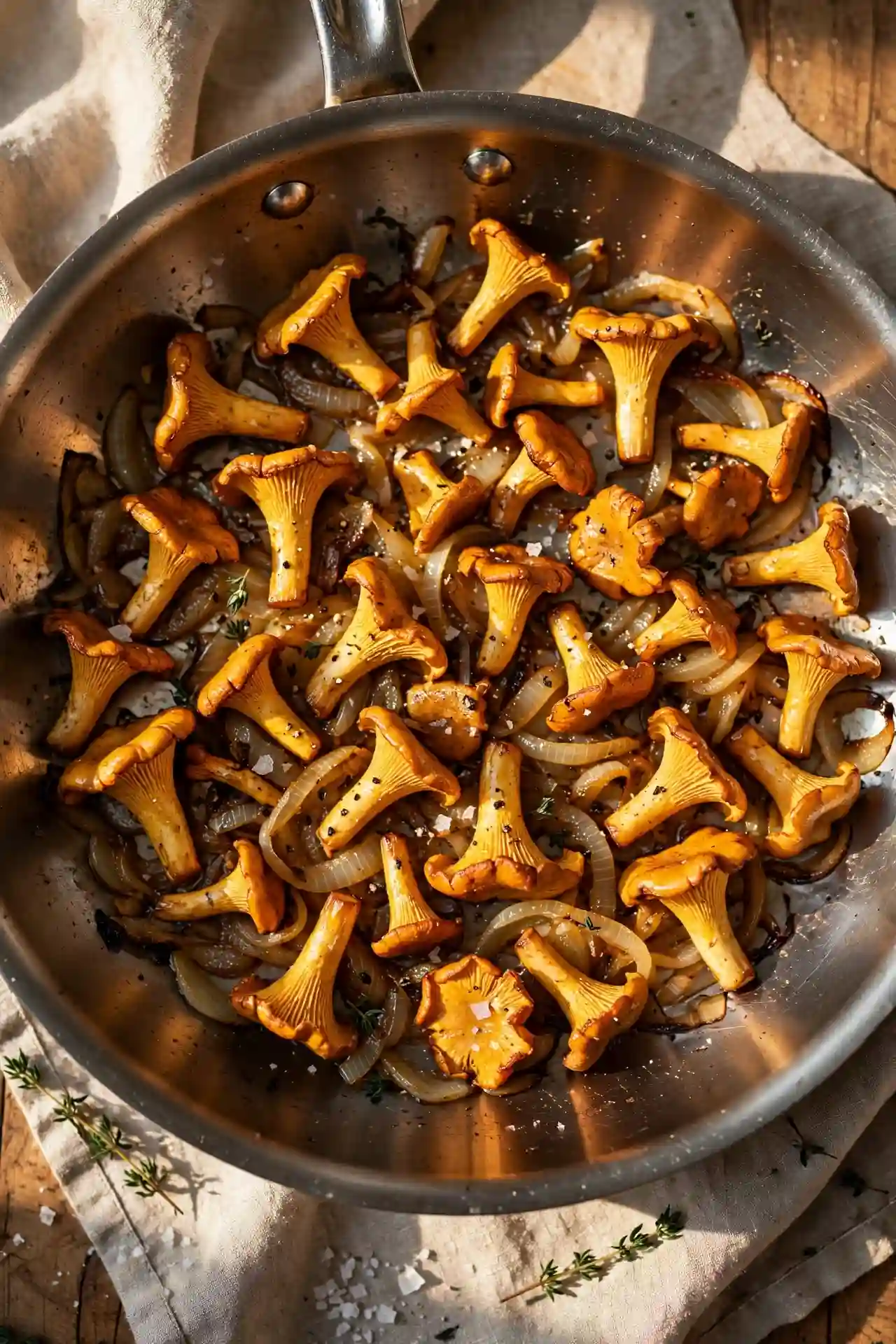 Golden-brown mushrooms and softened onions in a skillet, moisture fully evaporated