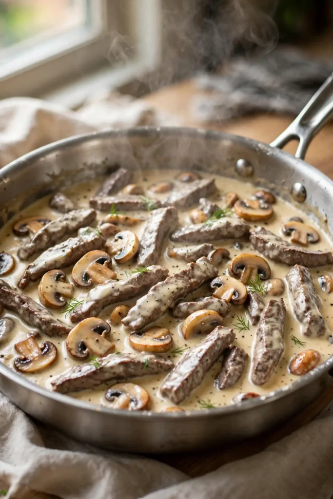 Finished beef stroganoff sauce with beef and mushrooms in a skillet, ready to plate — beef stroganoff