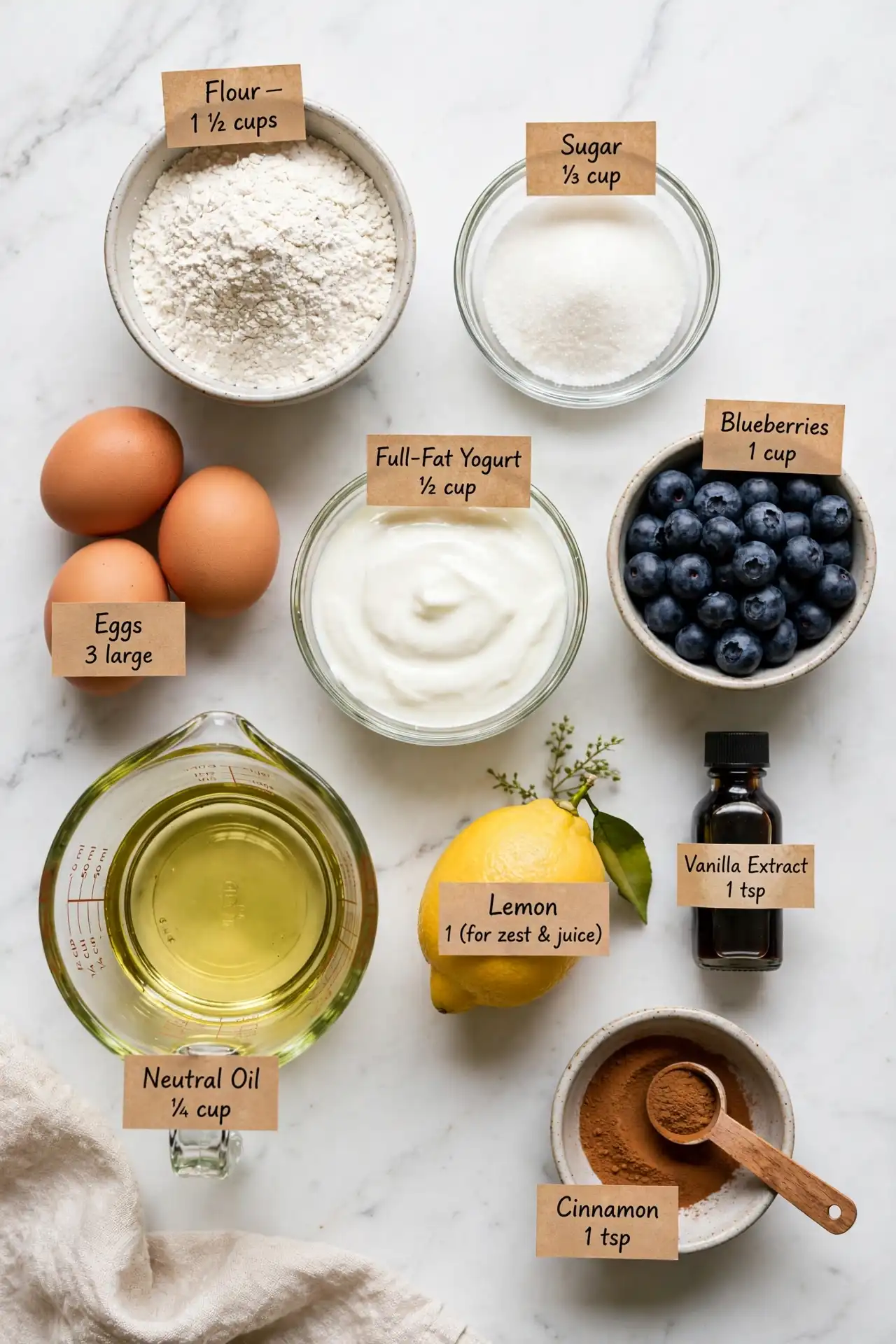 All ingredients for blueberry muffins laid out flat on white marble, including fresh blueberries, yogurt, flour, sugar, and lemon — blueberry muffins ingredients