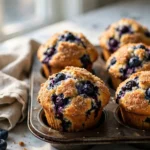 Blueberry muffins with tall domed tops in a muffin tin on white marble, golden cinnamon sugar crust visible, natural window light — blueberry muffins