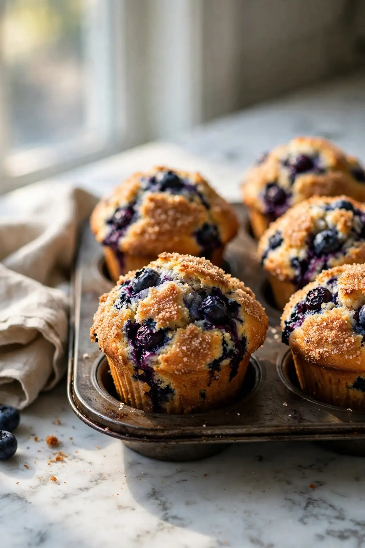 Blueberry muffins with tall domed tops in a muffin tin on white marble, golden cinnamon sugar crust visible, natural window light — blueberry muffins