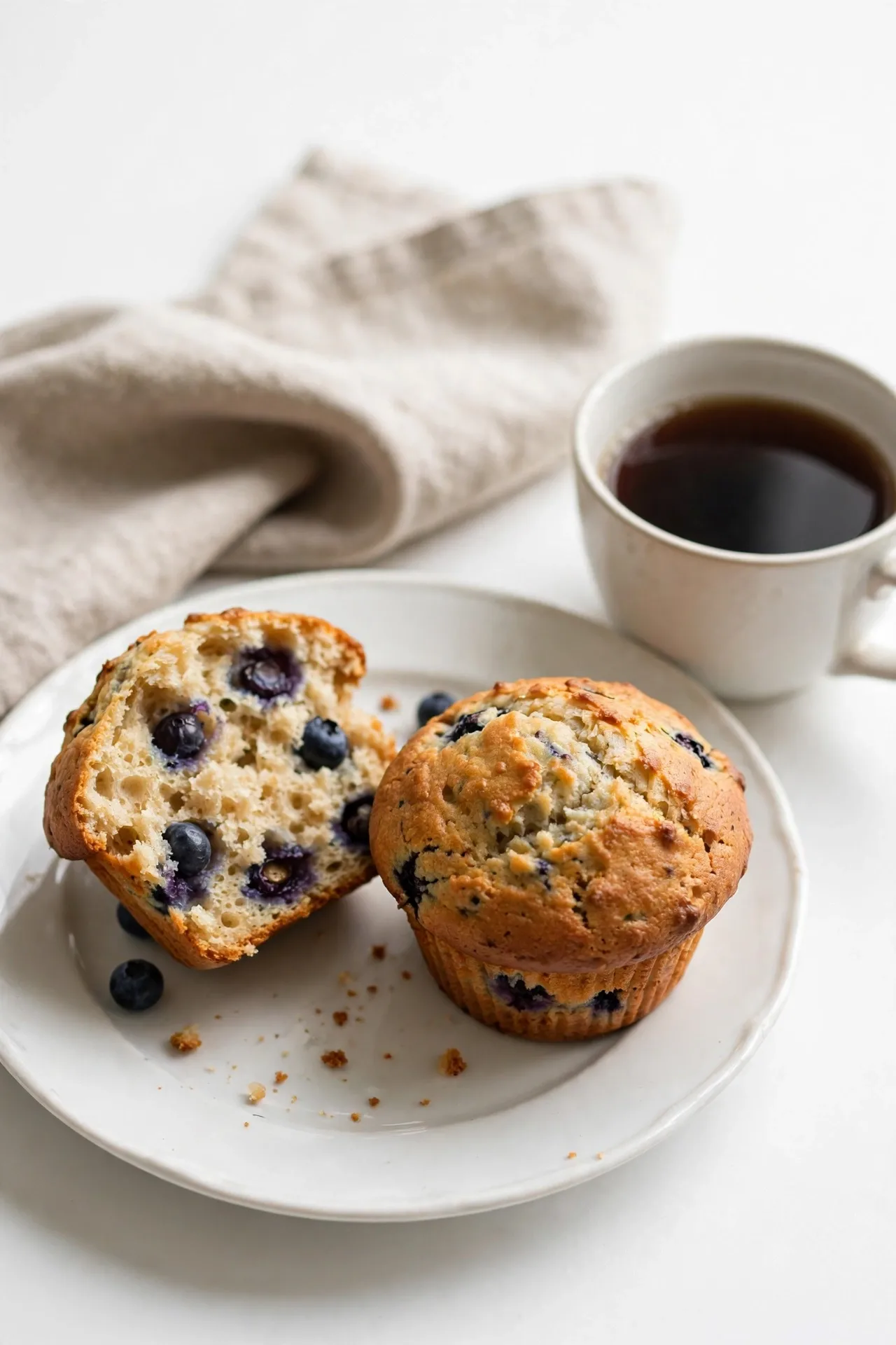 Blueberry muffins on a white plate with one split open showing soft crumb and berries, served with tea — blueberry muffins
