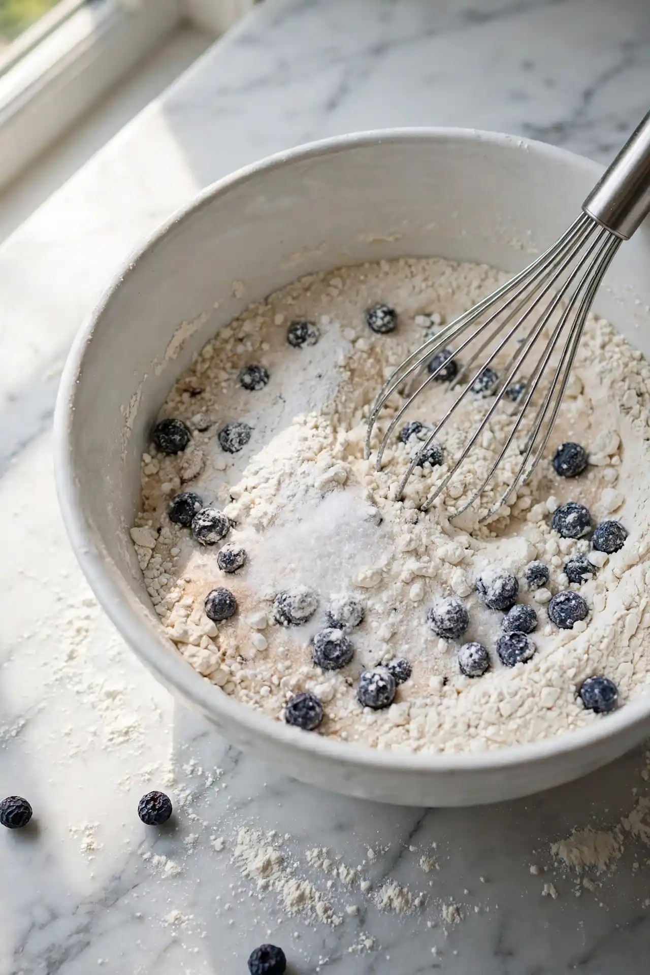 Dry ingredients being whisked in a large bowl — early step in making blueberry muffins