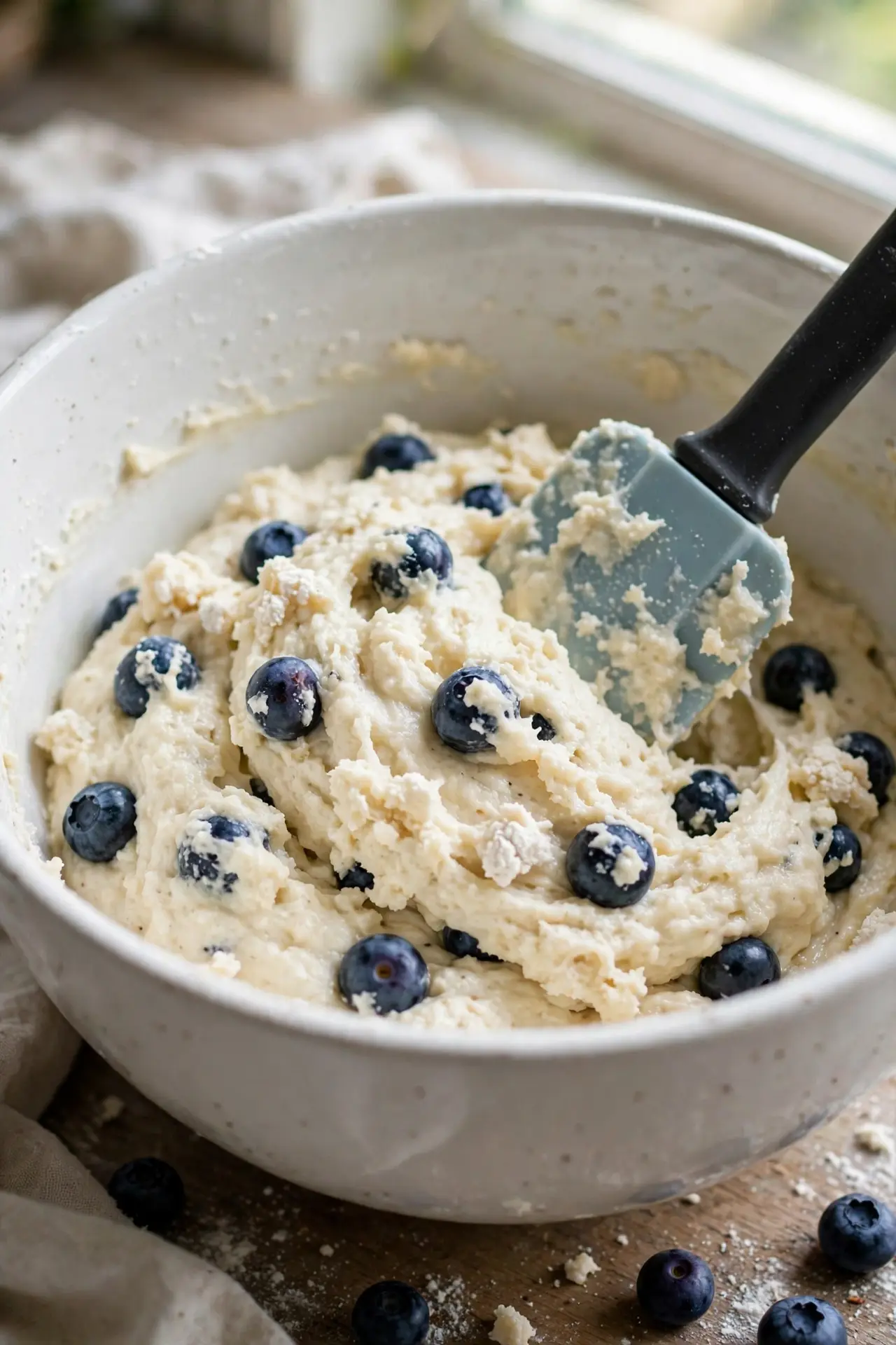 Blueberries being folded into batter in a bowl — key step in making blueberry muffins