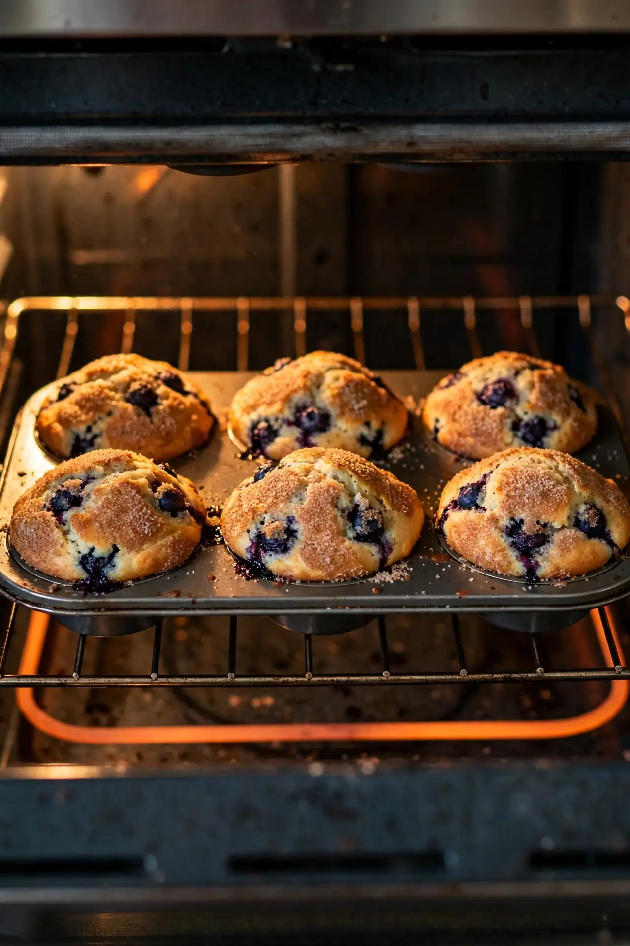 Blueberry muffins rising with tall domes inside the oven — mid-bake step