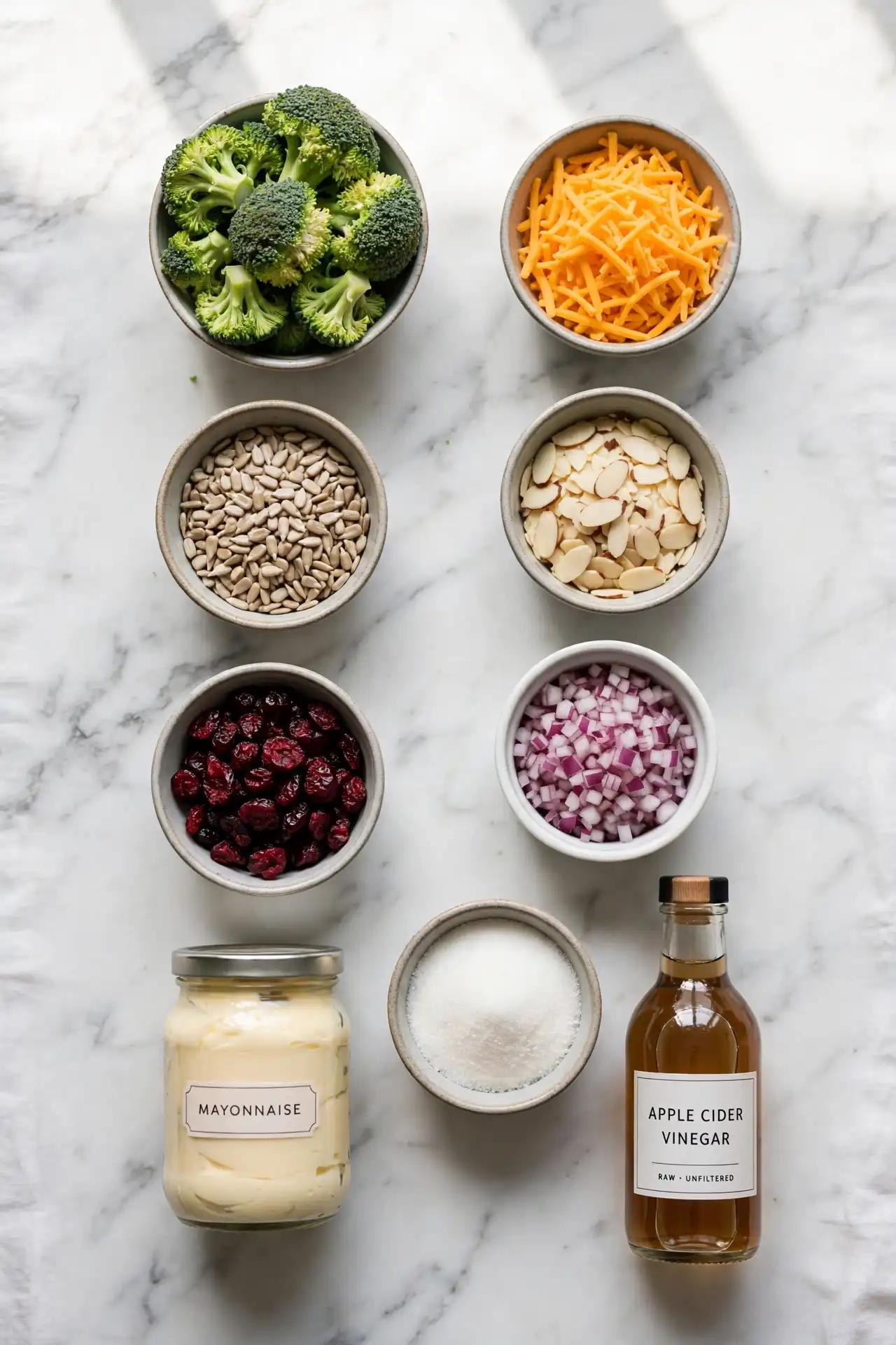 All ingredients for broccoli salad laid out flat on a white marble surface in small prep bowls — broccoli salad ingredients