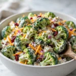 Creamy broccoli salad in a white ceramic bowl with cheddar, red onion, sunflower seeds, and dried cranberries on a grey marble surface, natural light — broccoli salad recipe