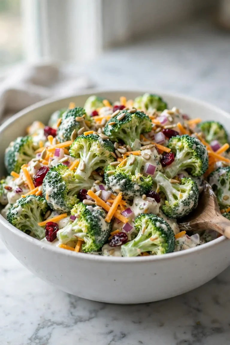 Creamy broccoli salad in a white ceramic bowl with cheddar, red onion, sunflower seeds, and dried cranberries on a grey marble surface, natural light — broccoli salad recipe