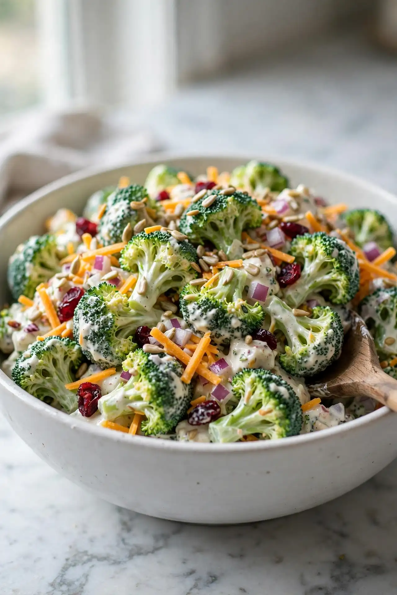 Creamy broccoli salad in a white ceramic bowl with cheddar, red onion, sunflower seeds, and dried cranberries on a grey marble surface, natural light — broccoli salad recipe