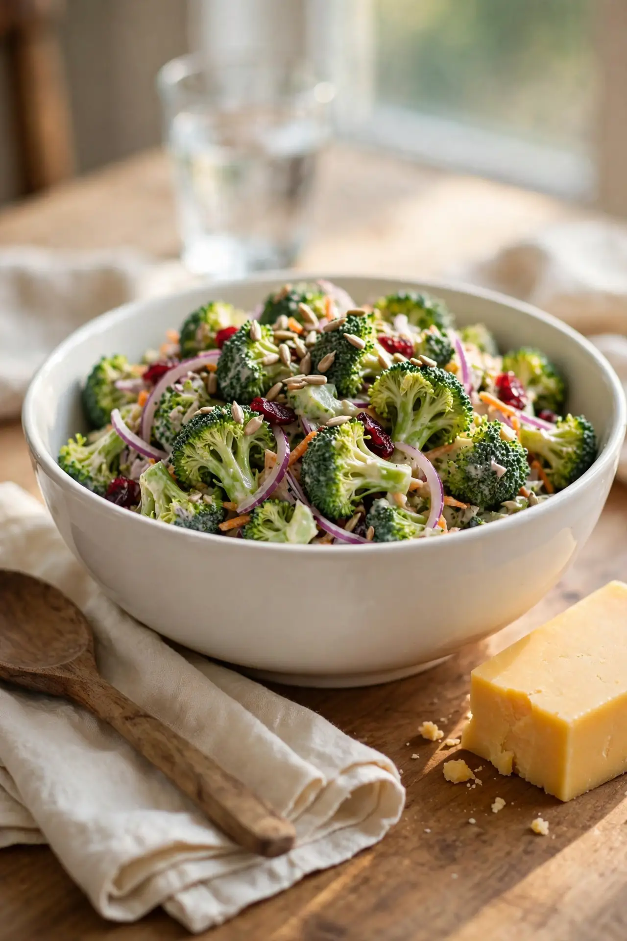 Broccoli salad in a white ceramic bowl on a wooden table, ready to serve alongside other dishes — broccoli salad recipe