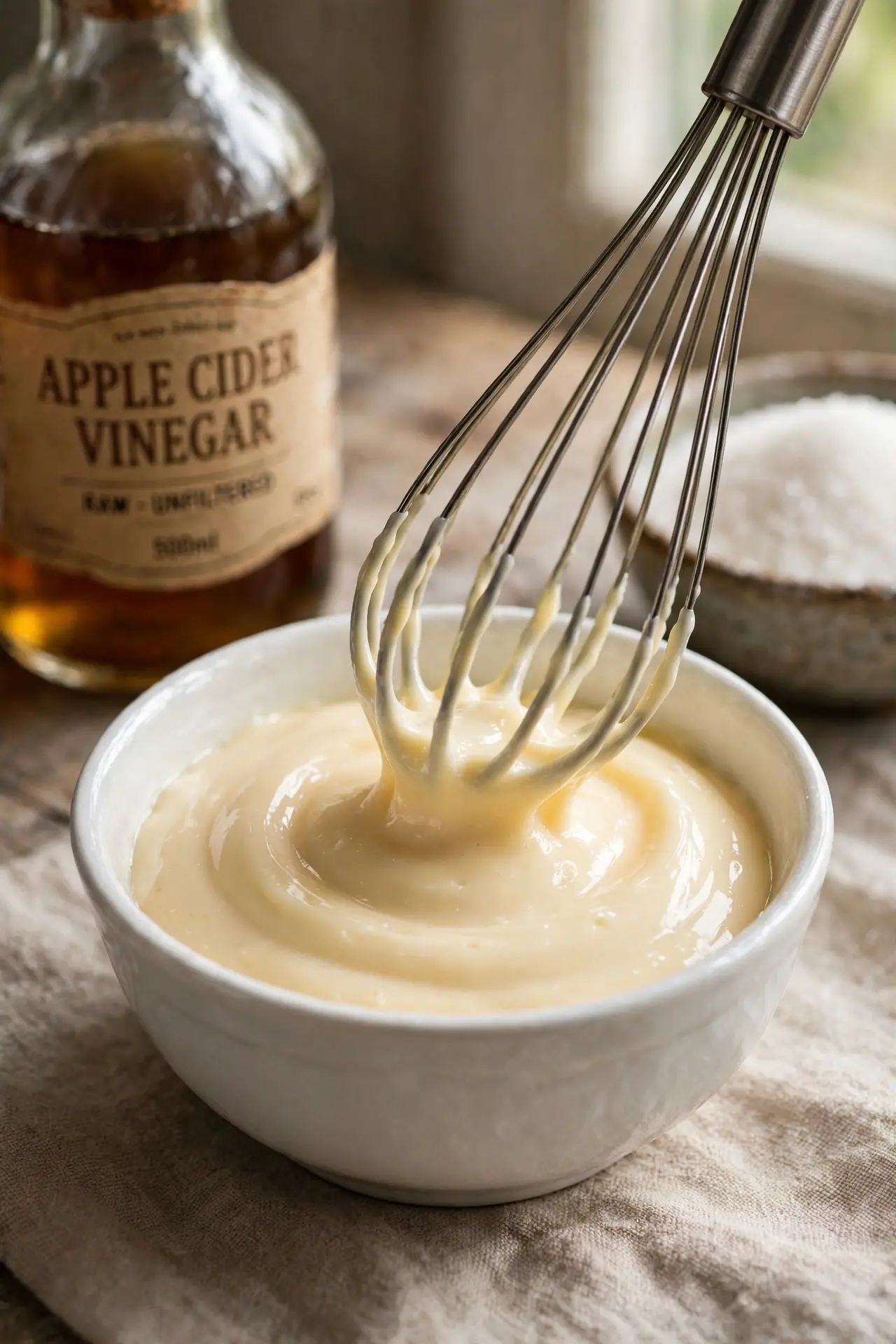 Creamy mayo dressing being whisked in a small bowl with apple cider vinegar and sugar — step in making broccoli salad dressing