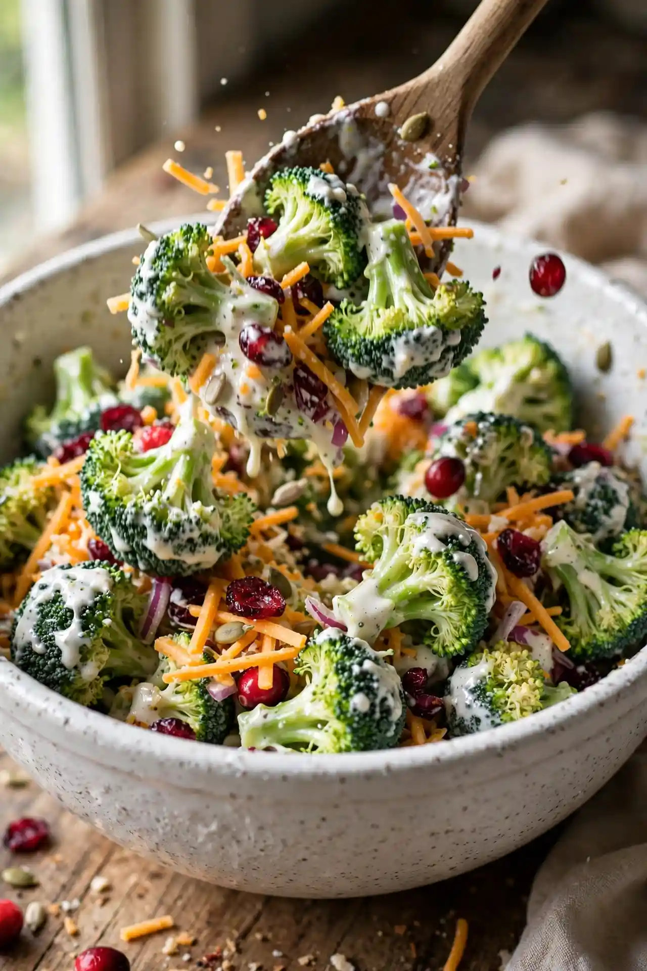 Broccoli salad being tossed with creamy dressing in a large mixing bowl, wooden spoon visible mid-motion — step in making broccoli salad