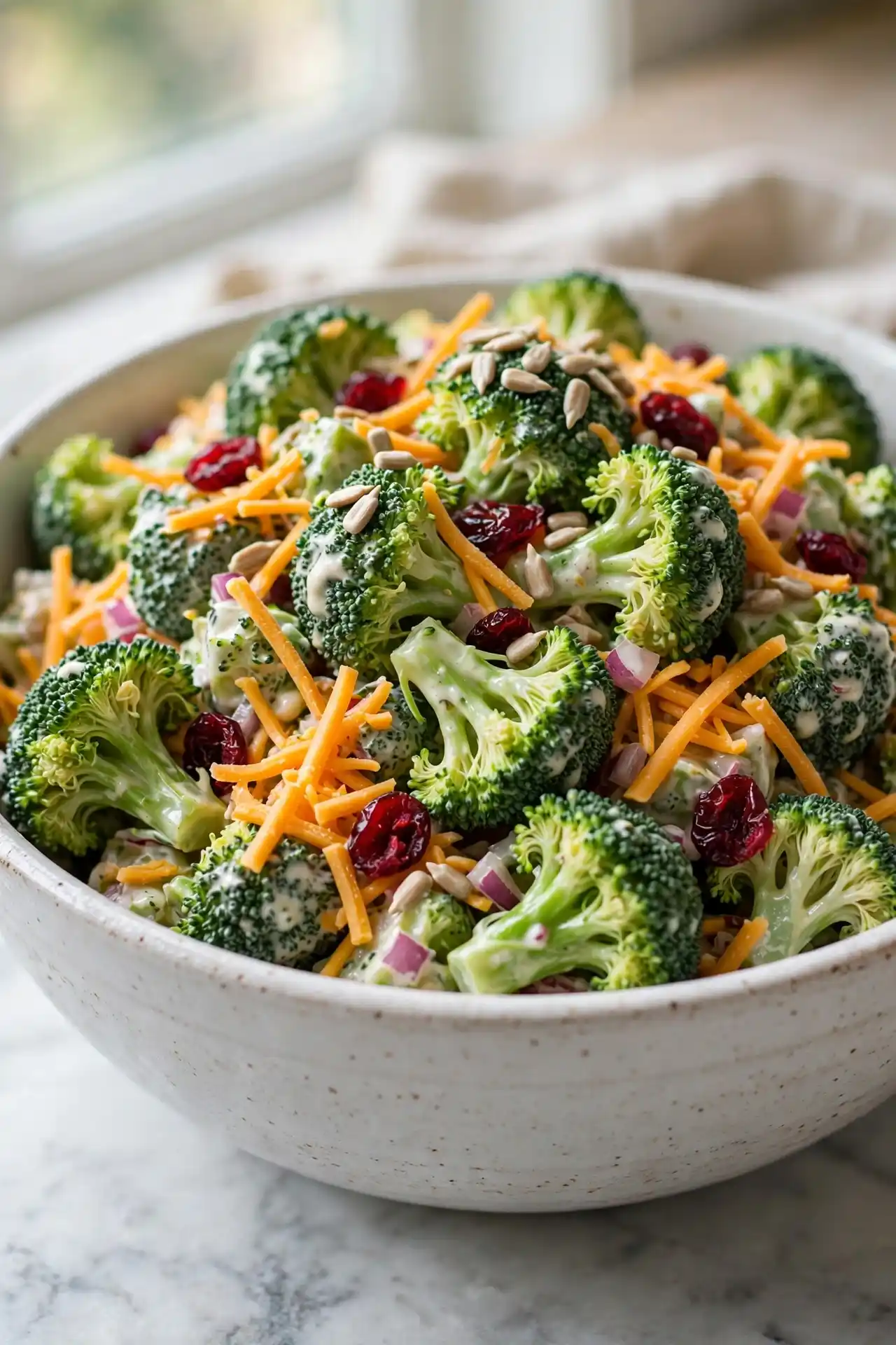 Finished broccoli salad in a white ceramic bowl with cheddar, cranberries, and sunflower seeds, ready to chill — broccoli salad recipe