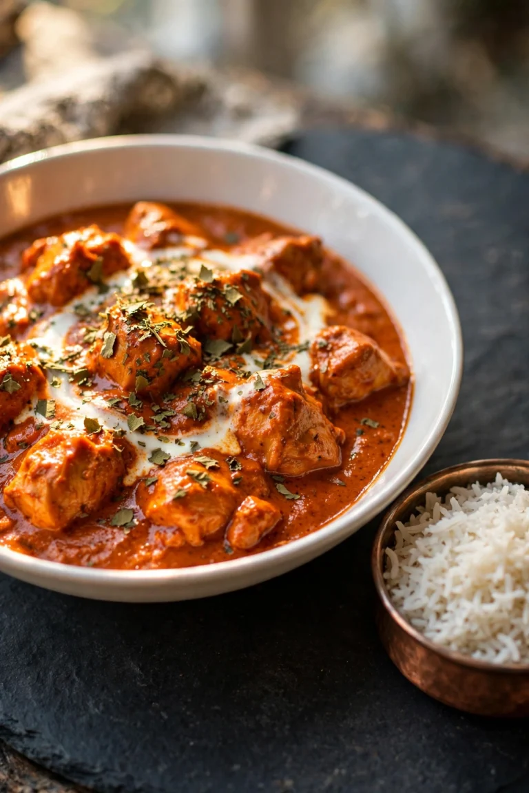 Butter chicken served in a white ceramic bowl with creamy orange makhani sauce, garnished with cream and kasuri methi on a dark slate surface — butter chicken recipe