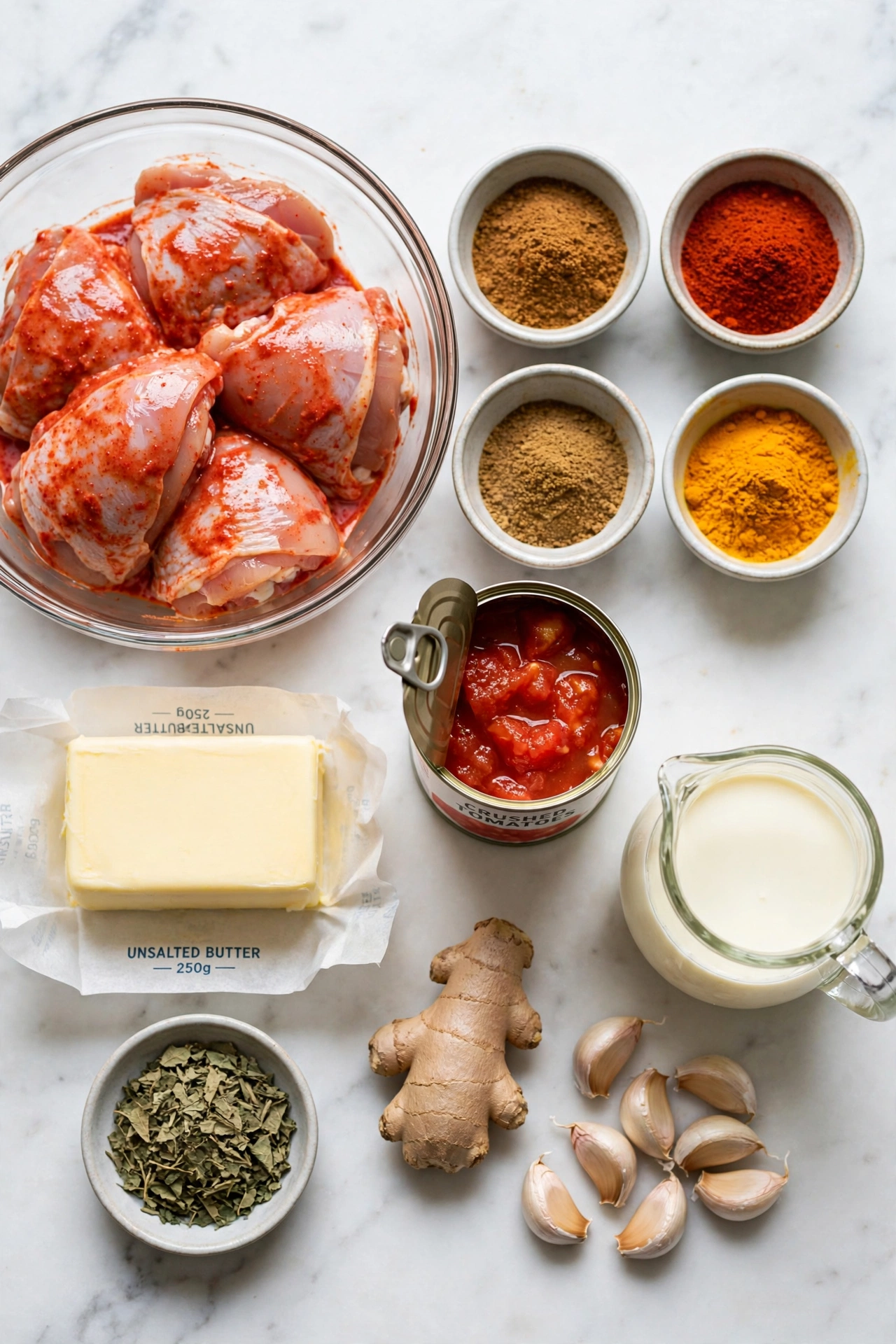 All butter chicken ingredients laid out flat on white marble including chicken, spices, yogurt, cream, and butter — butter chicken recipe ingredients